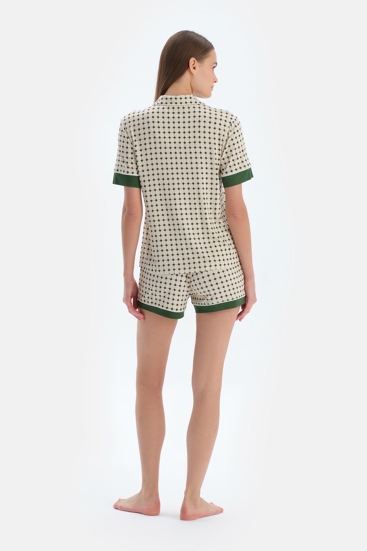 Ekru Geometrik Desenli Gömlek Şort Pijama Takımı