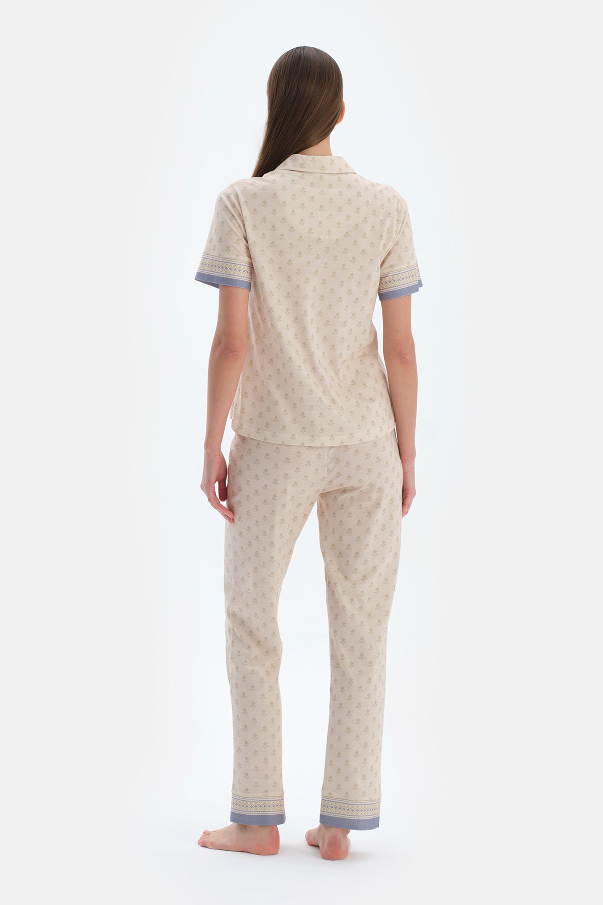 Ekru Çıtır Desenli Gömlek Pantolon Pijama Takımı