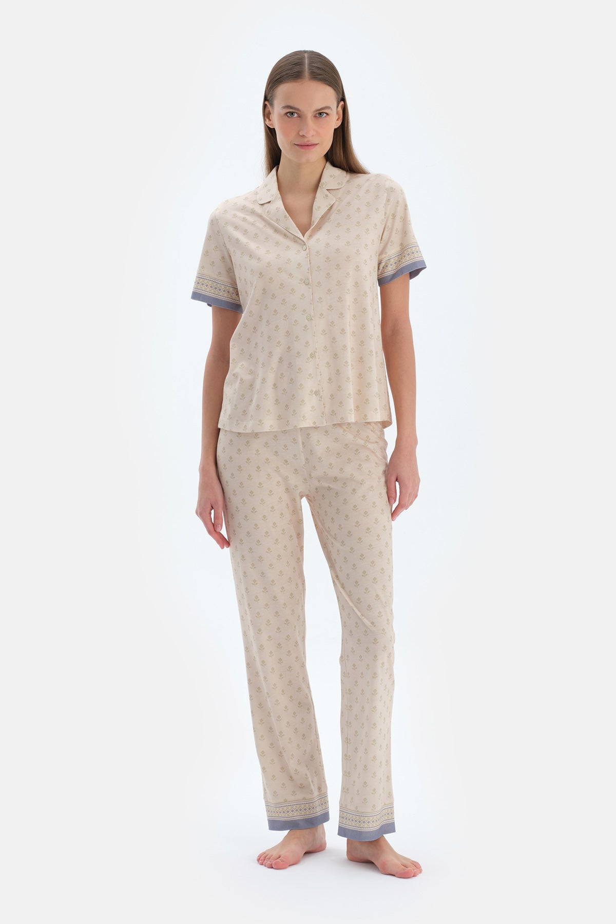 Ekru Çıtır Desenli Gömlek Pantolon Pijama Takımı