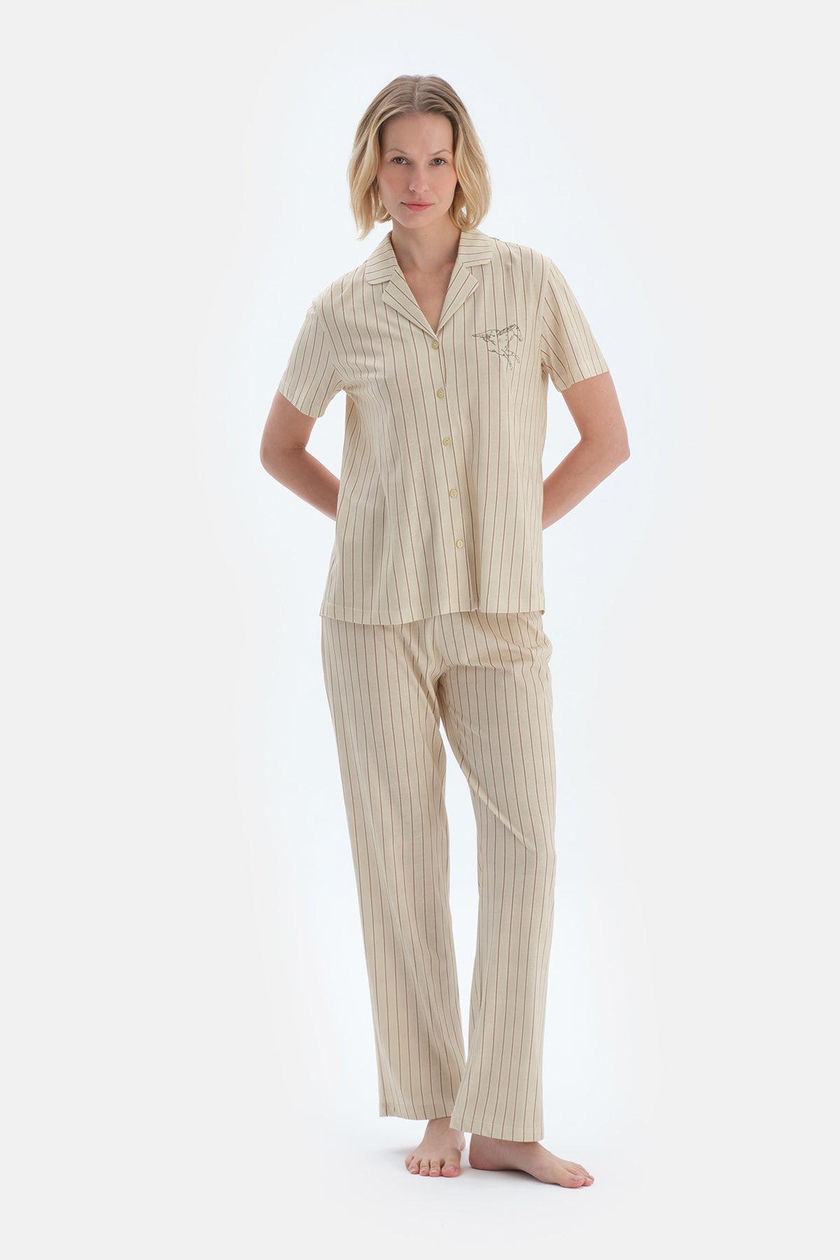 Yeşil Çizgili Nakış Detaylı Gömlek Pantolon Pijama Takımı