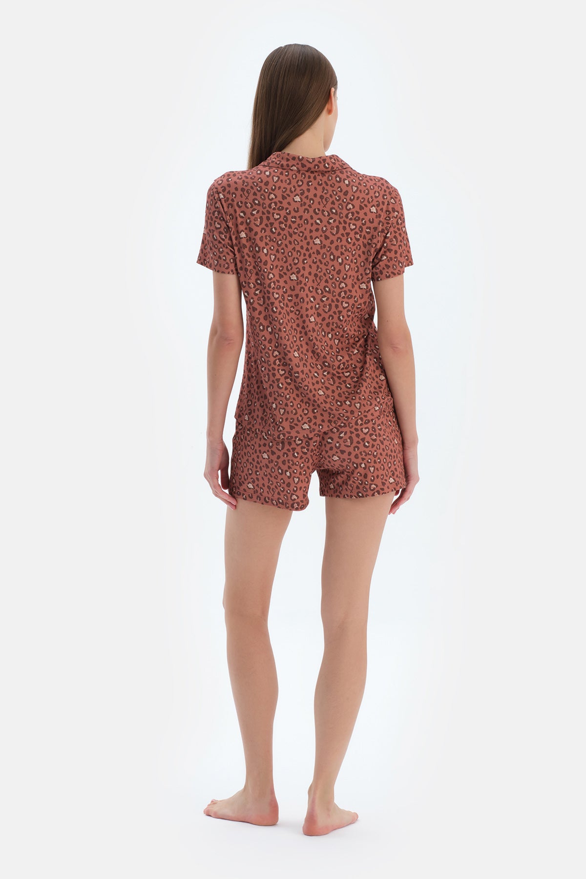 Kiremit Leopar Desenli Gömlek Şort Pijama Takımı