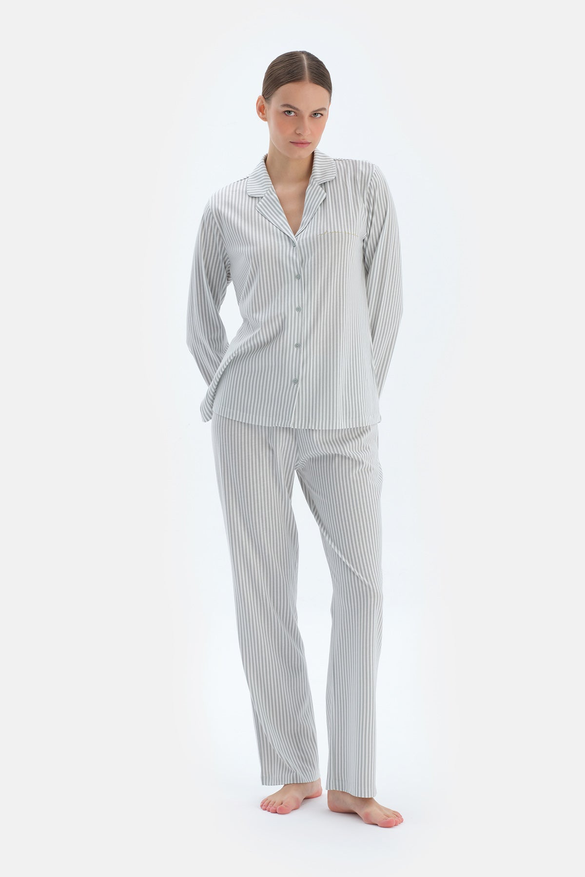 Ada Çayı Çizgili Basıc Gömlek Pantolon Pijama Takımı