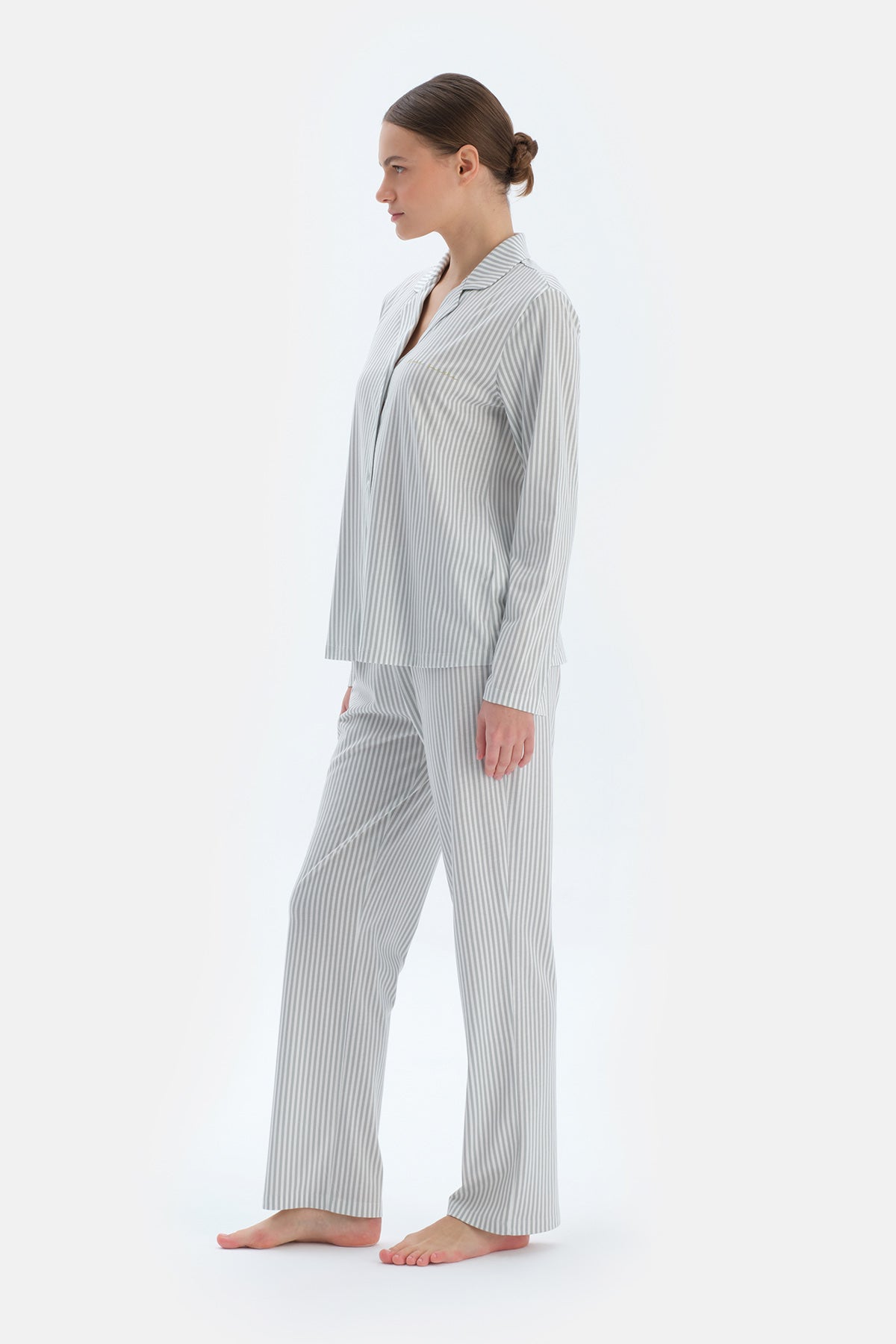 Ada Çayı Çizgili Basıc Gömlek Pantolon Pijama Takımı