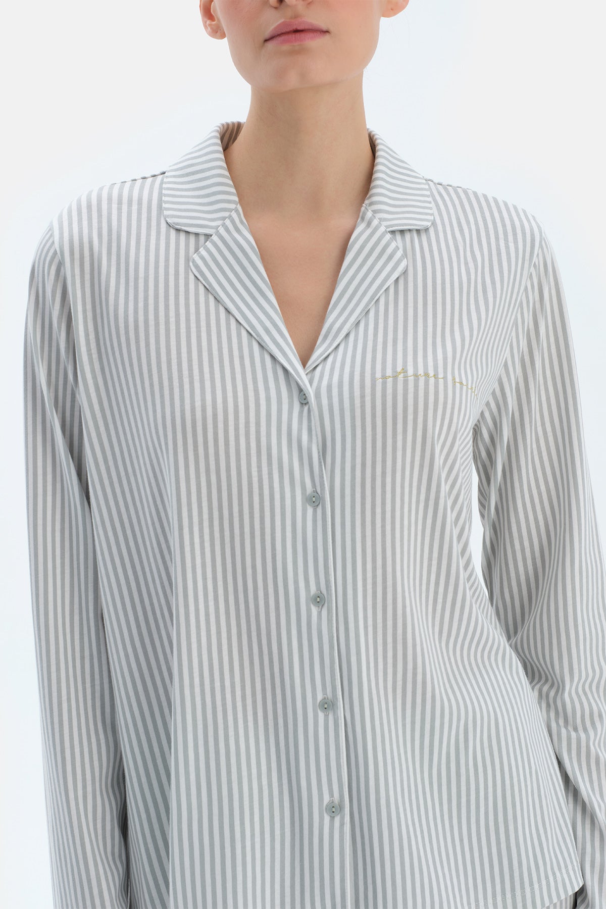 Ada Çayı Çizgili Basıc Gömlek Pantolon Pijama Takımı