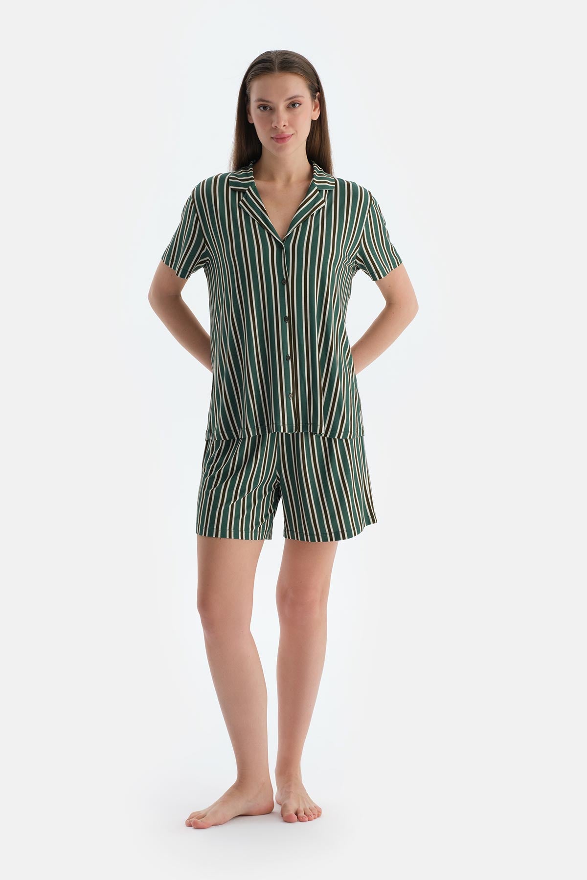 Koyu Yeşil Çizgili Penye Modal Gömlek Şort Pijama Takımı
