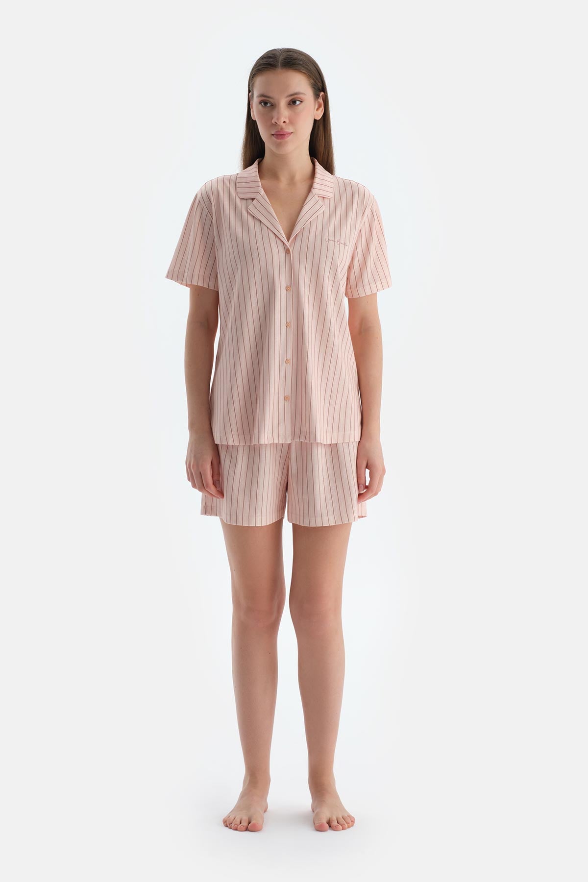 Açık Pembe Çizgili Penye Modal Gömlek Şort Pijama Takımı