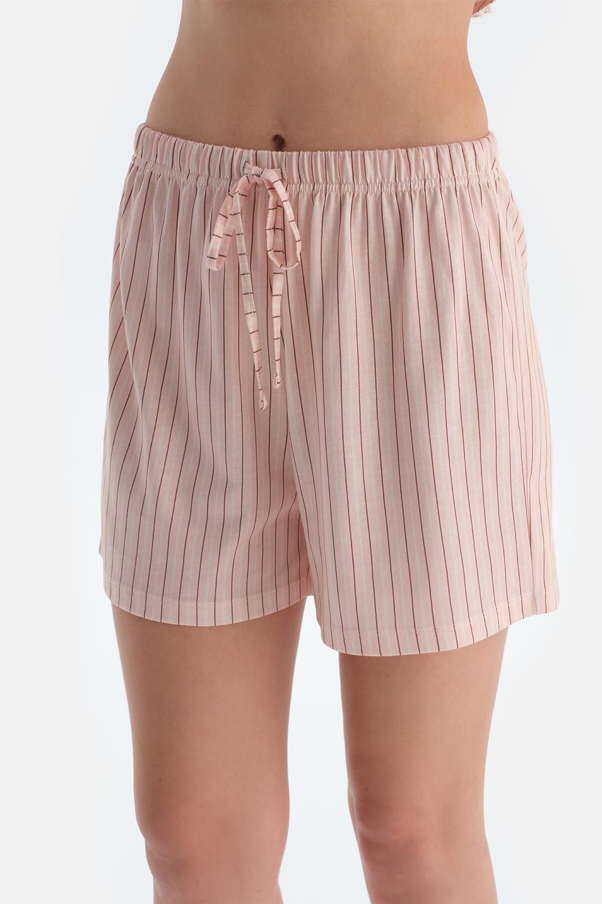 Açık Pembe Çizgili Penye Modal Gömlek Şort Pijama Takımı