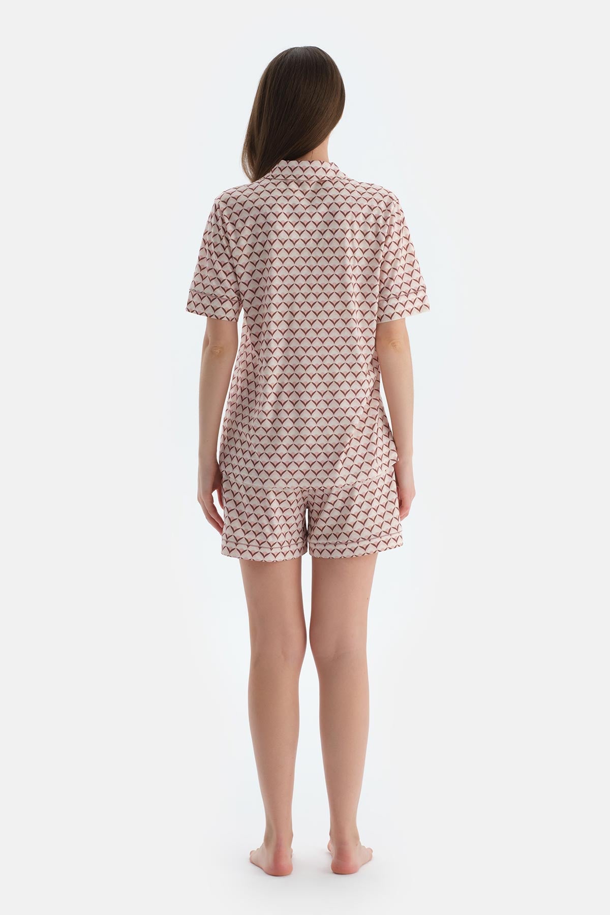 Açık Pembe Metraj Baskılı Penye Modal Gömlek Şort Pijama Takımı