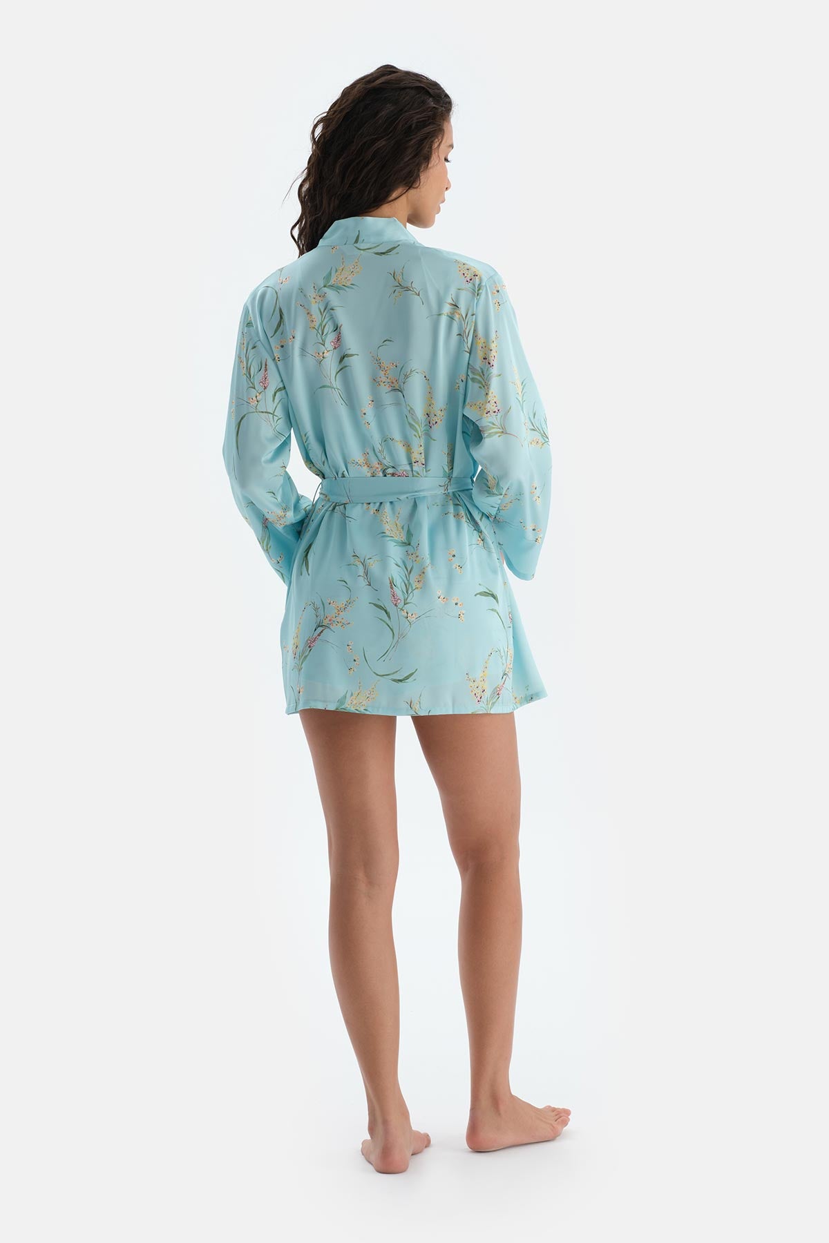 Mavi Baskılı Uzun Kollu Saten Sabahlık