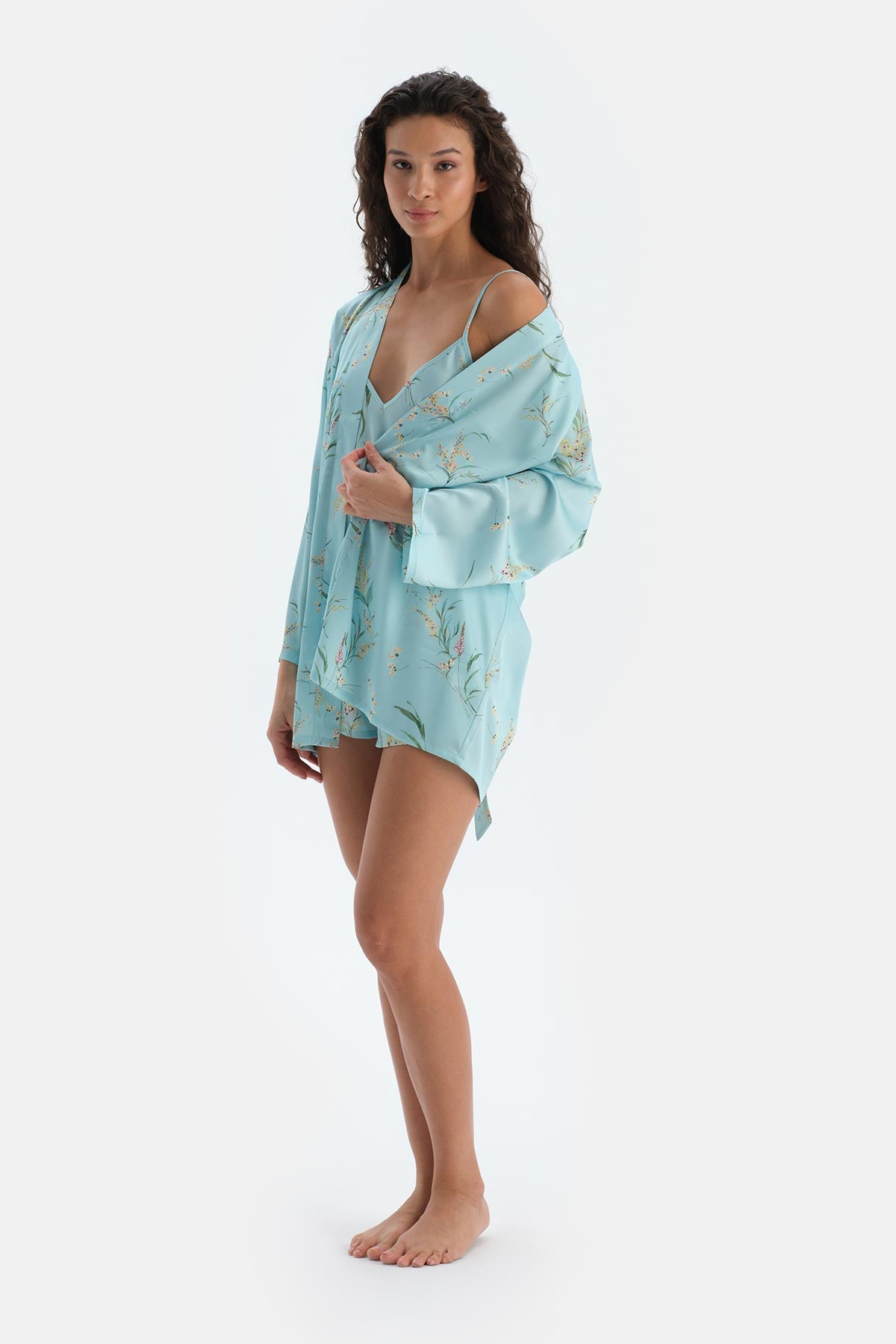 Mavi Baskılı Uzun Kollu Saten Sabahlık