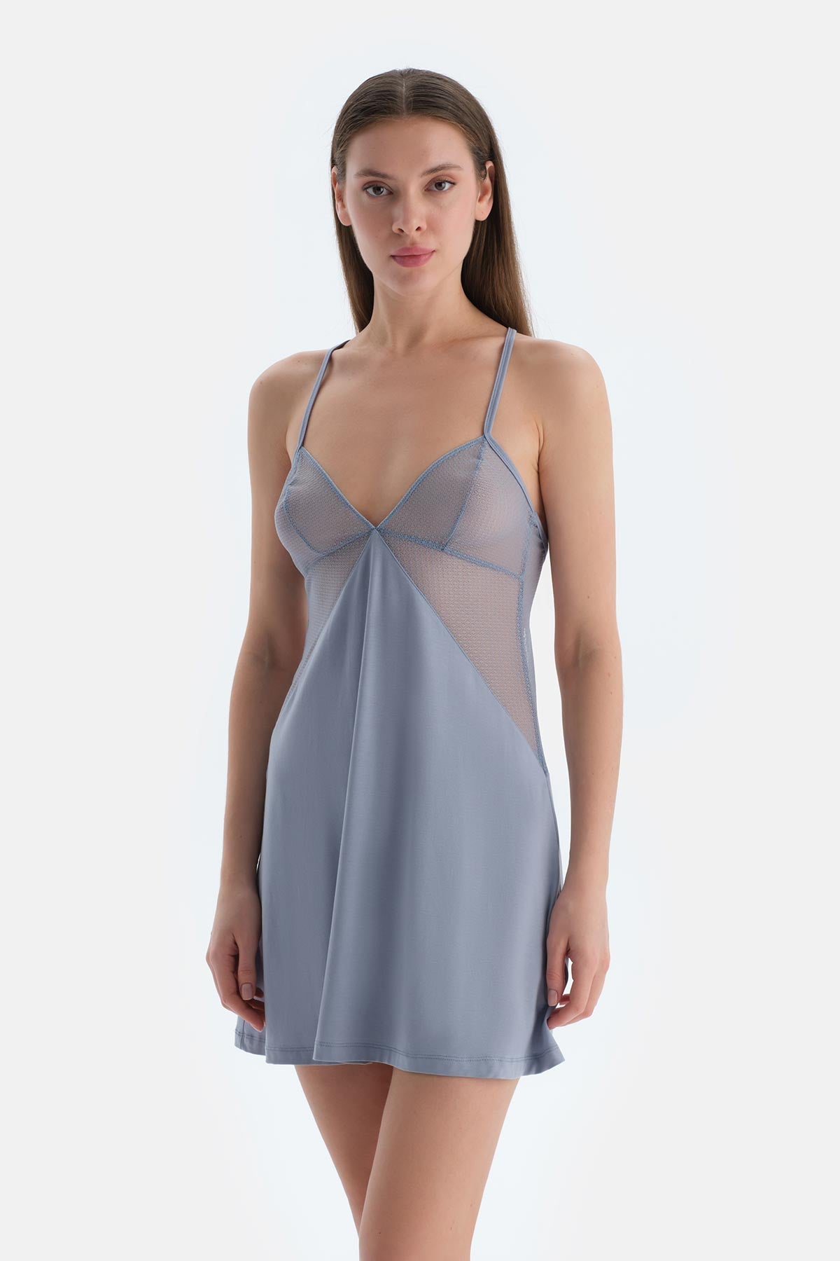 Buz Mavisi Dantel Detaylı Gecelik