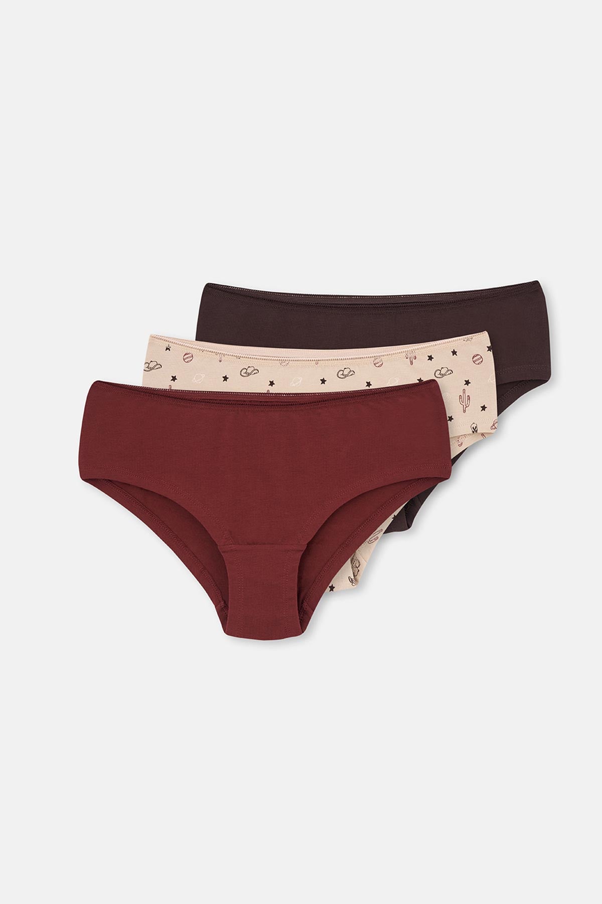 Bordo-Koyu Kahverengi rengi Kadın 3'lü Desenli Hipster Külot