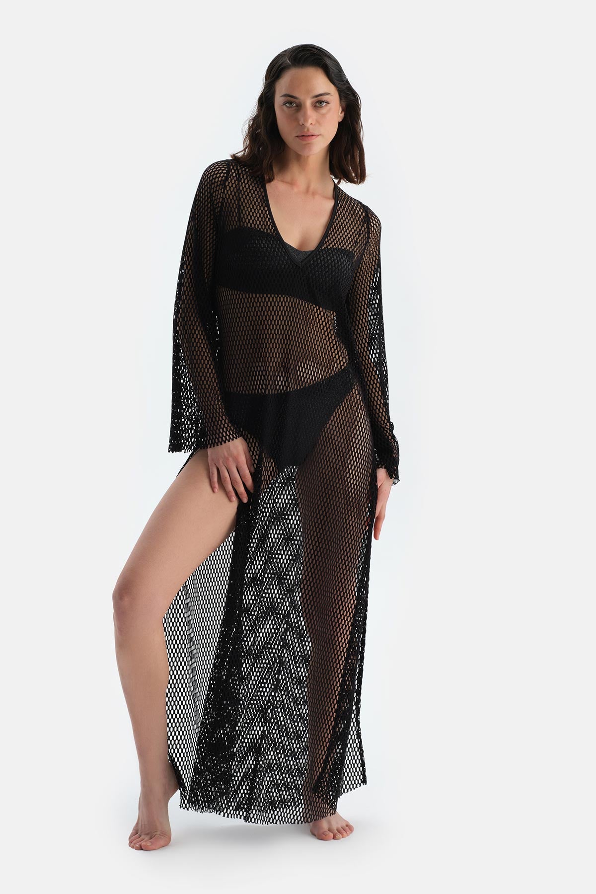 Siyah File Uzun Kol Elbise