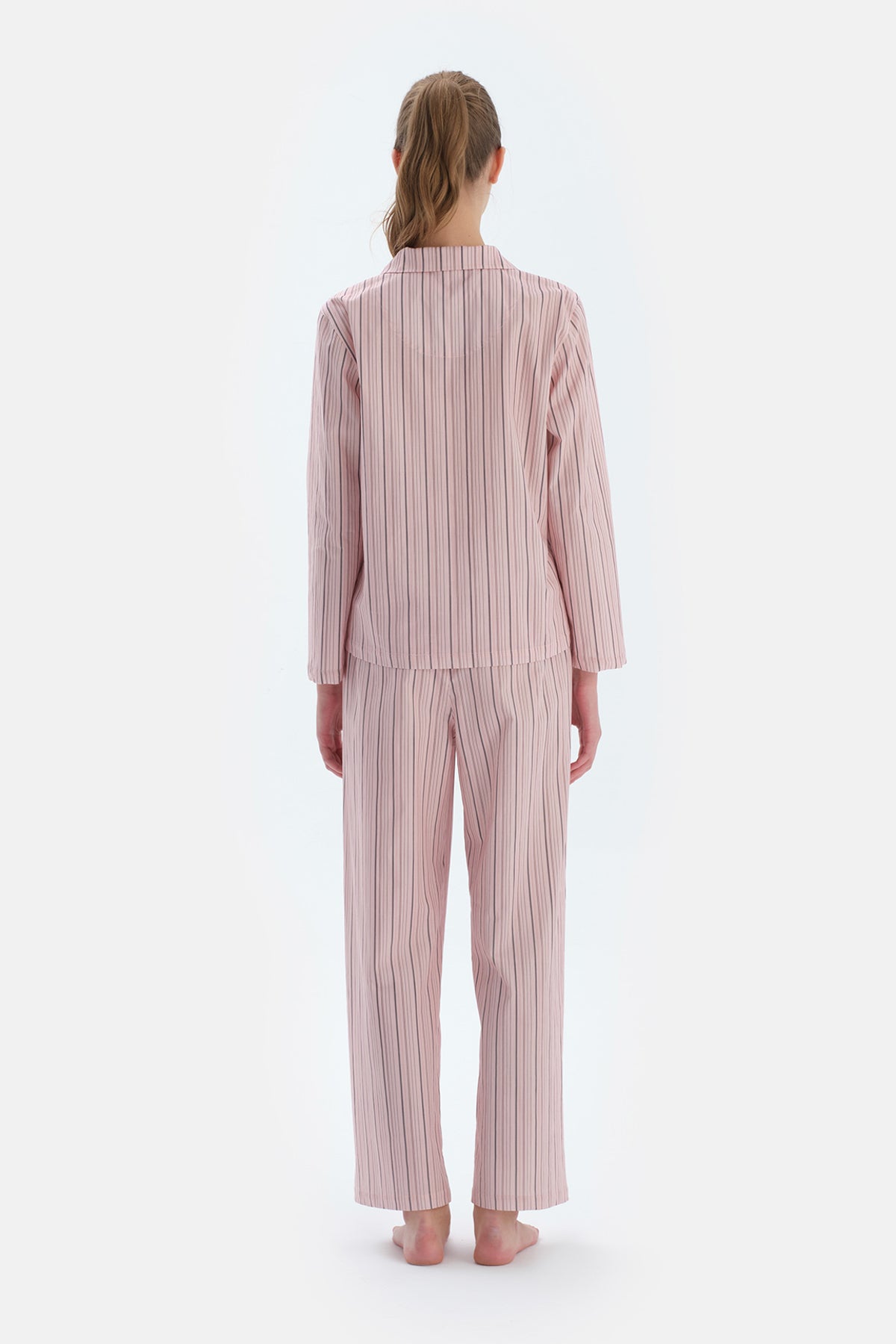 Açık Pembe Çizgili Dokuma Pantolon