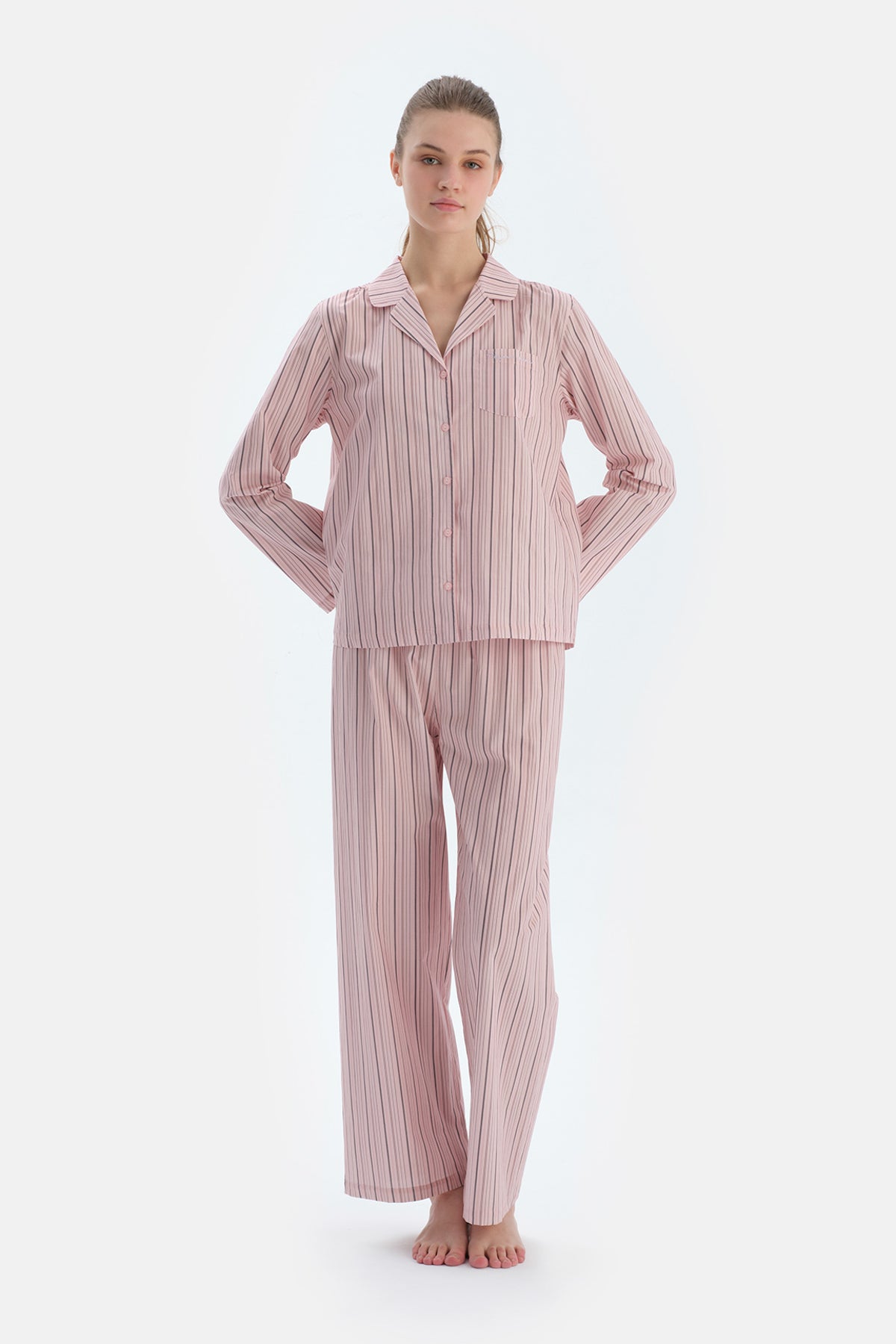 Açık Pembe Çizgili Dokuma Pantolon