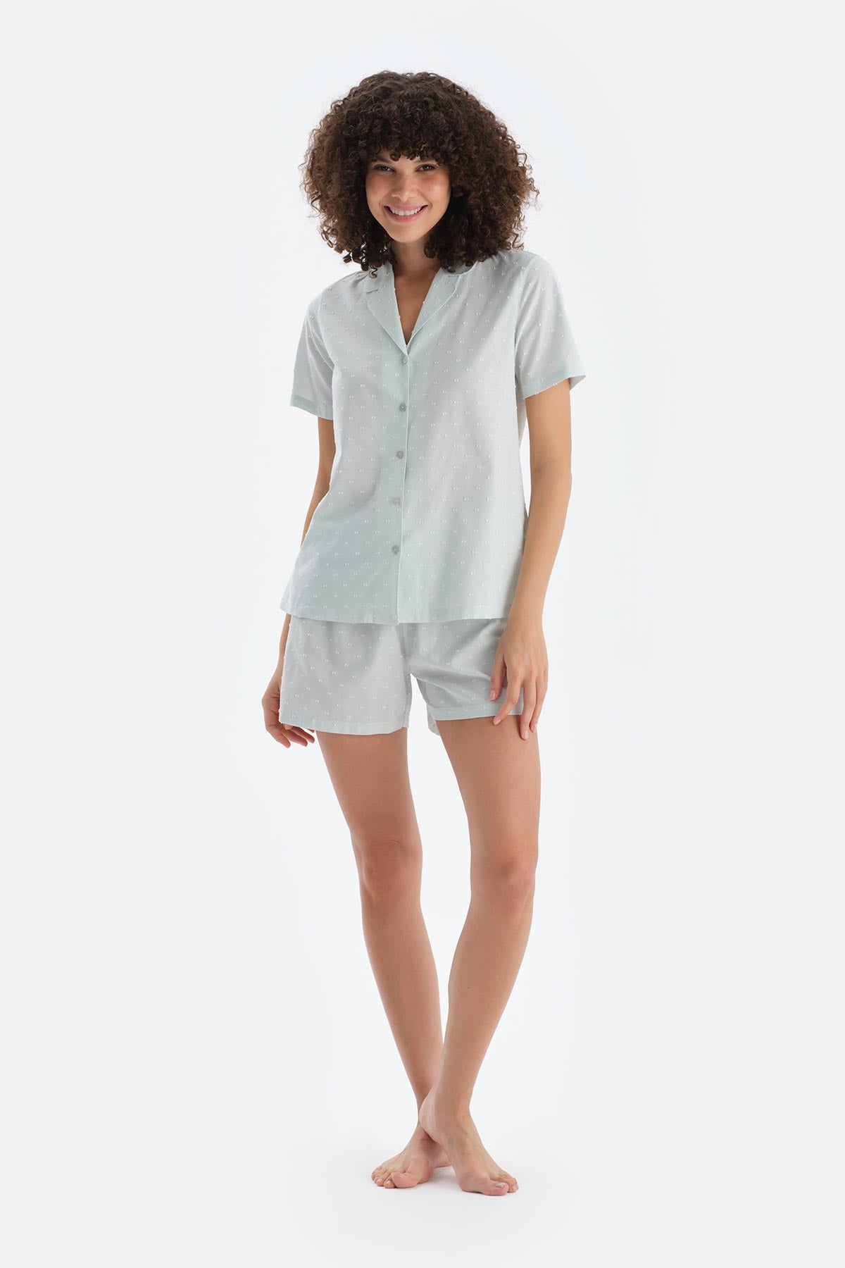 Turkuaz Puantiyeli Dokuma Şort