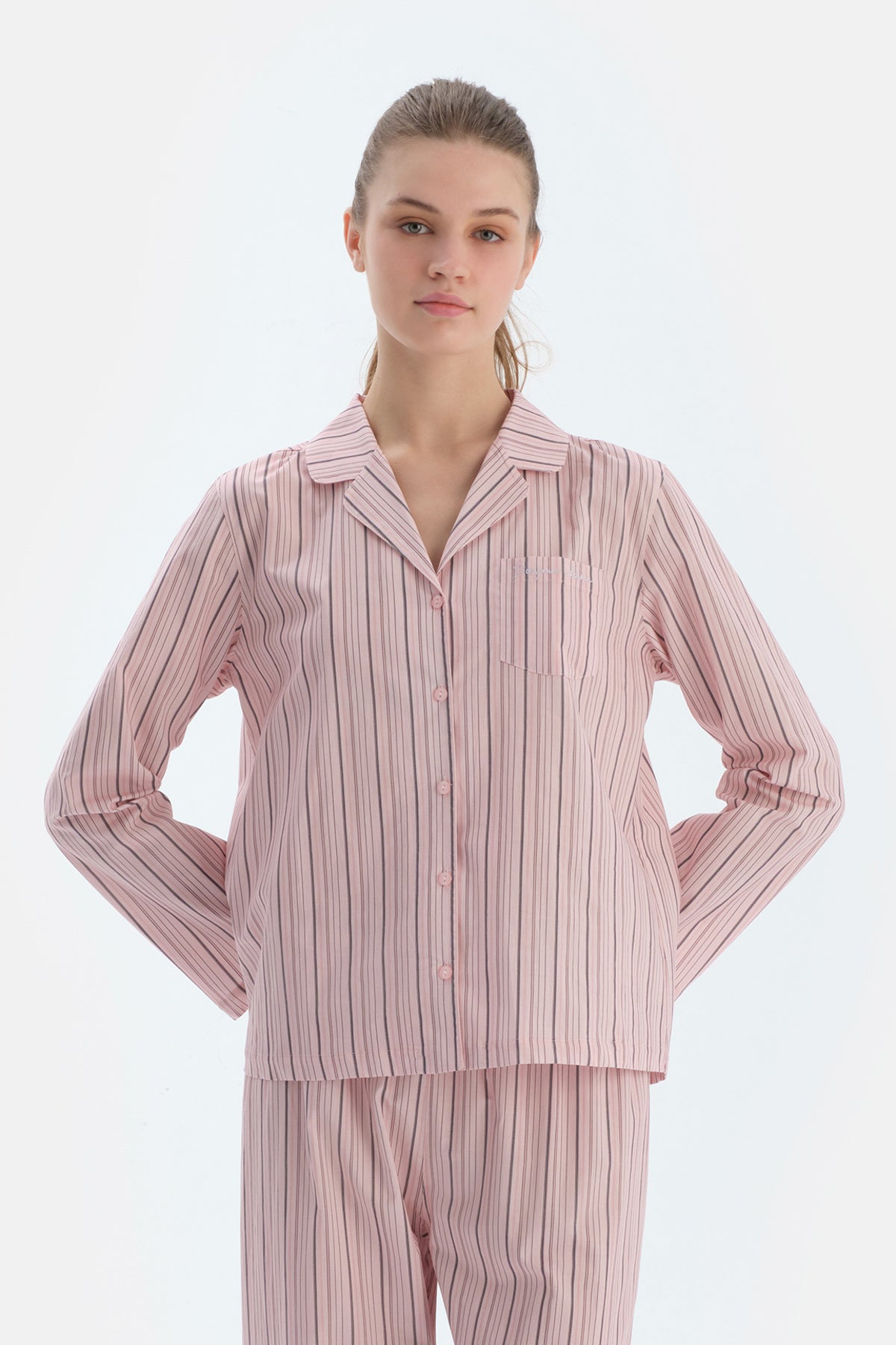 Açık Pembe Çizgili Dokuma Gömlek