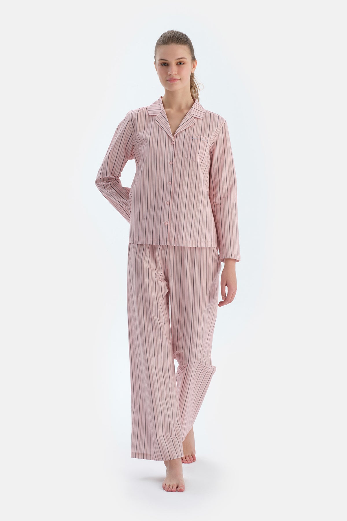 Açık Pembe Çizgili Dokuma Gömlek