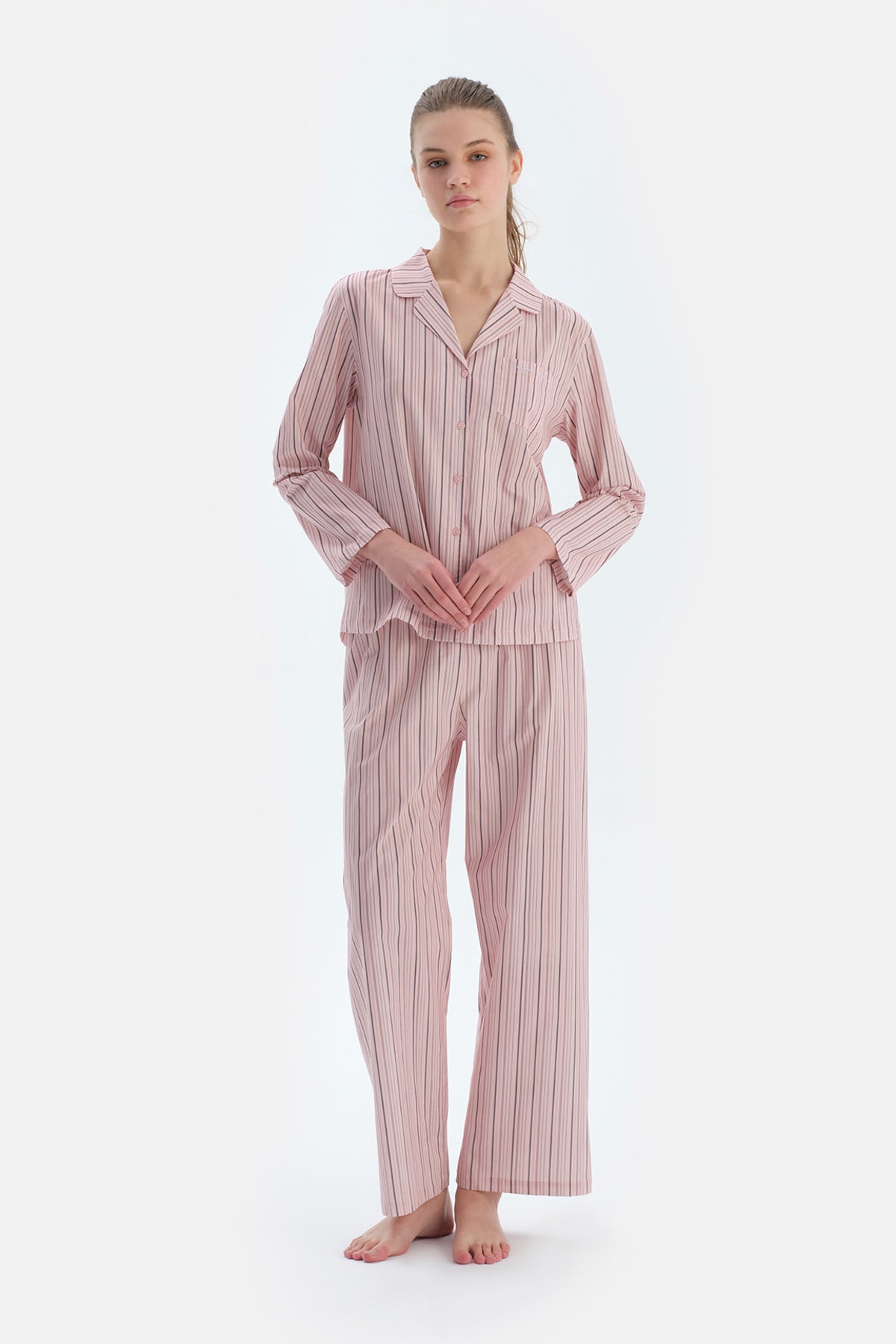 Açık Pembe Çizgili Dokuma Gömlek