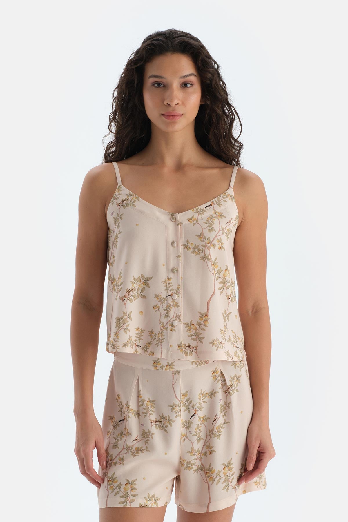 Taş Çiçek Baskılı Viskon Dokuma Camısole