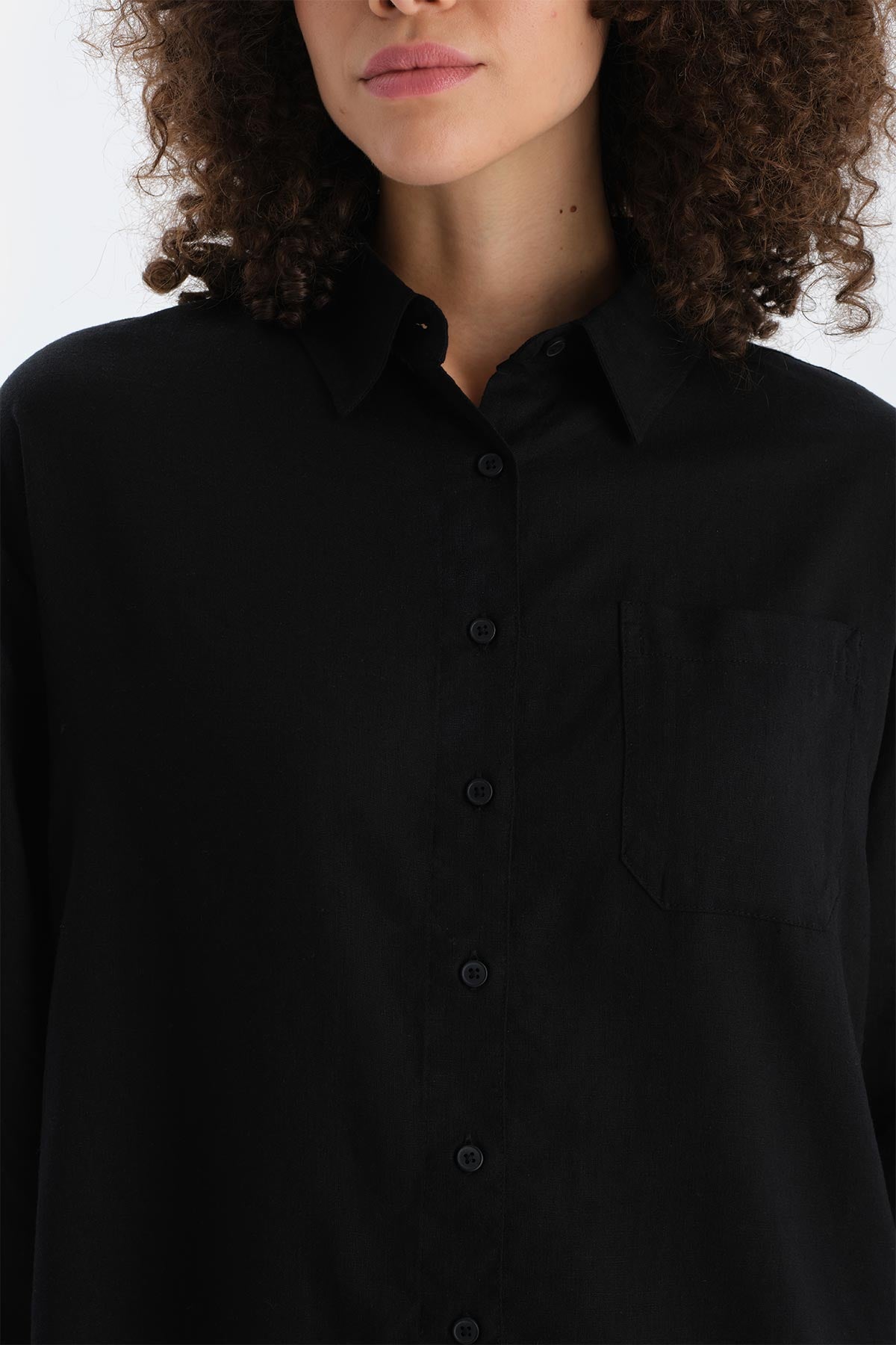 Siyah Uzun Kollu Keten Lyocell Karışımlı Dokuma Gömlek