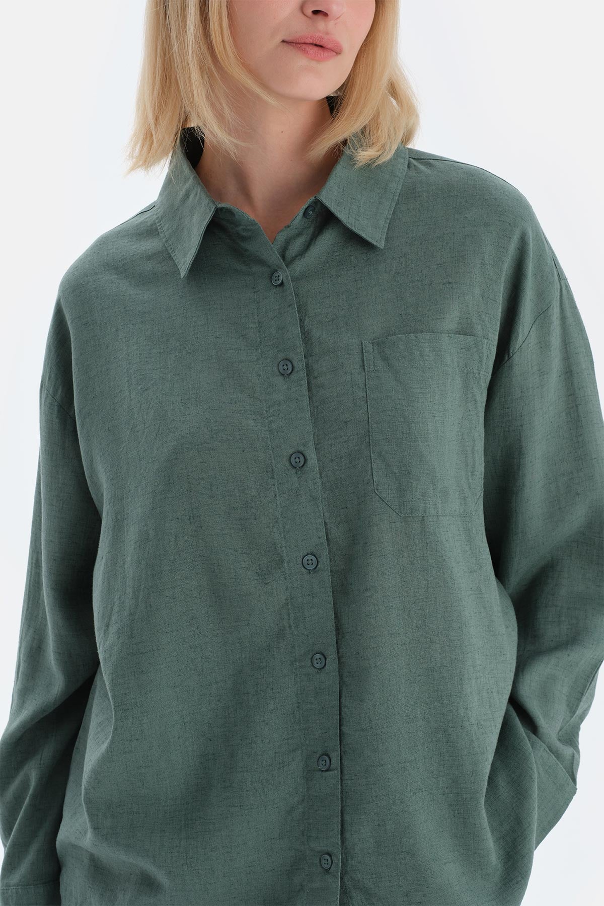 Yeşil Uzun Kollu Keten Lyocell Karışımlı Dokuma Gömlek