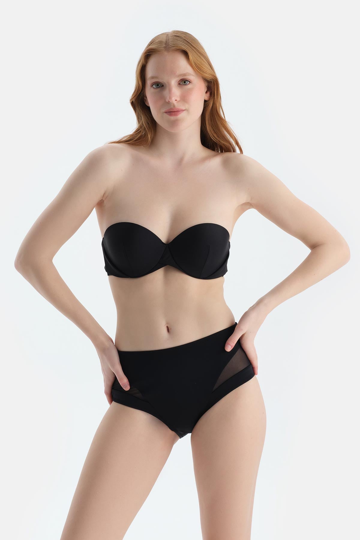 Siyah Tül Detaylı Yüksek Bel Bikini Alt