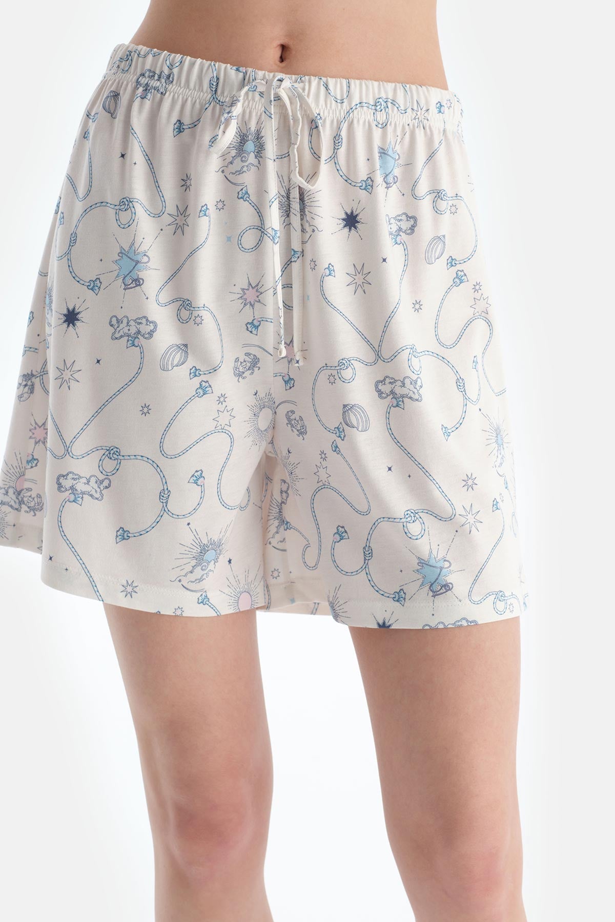 Ekru Metraj Baskılı Penye Modal Gömlek Şort Pijama Takımı