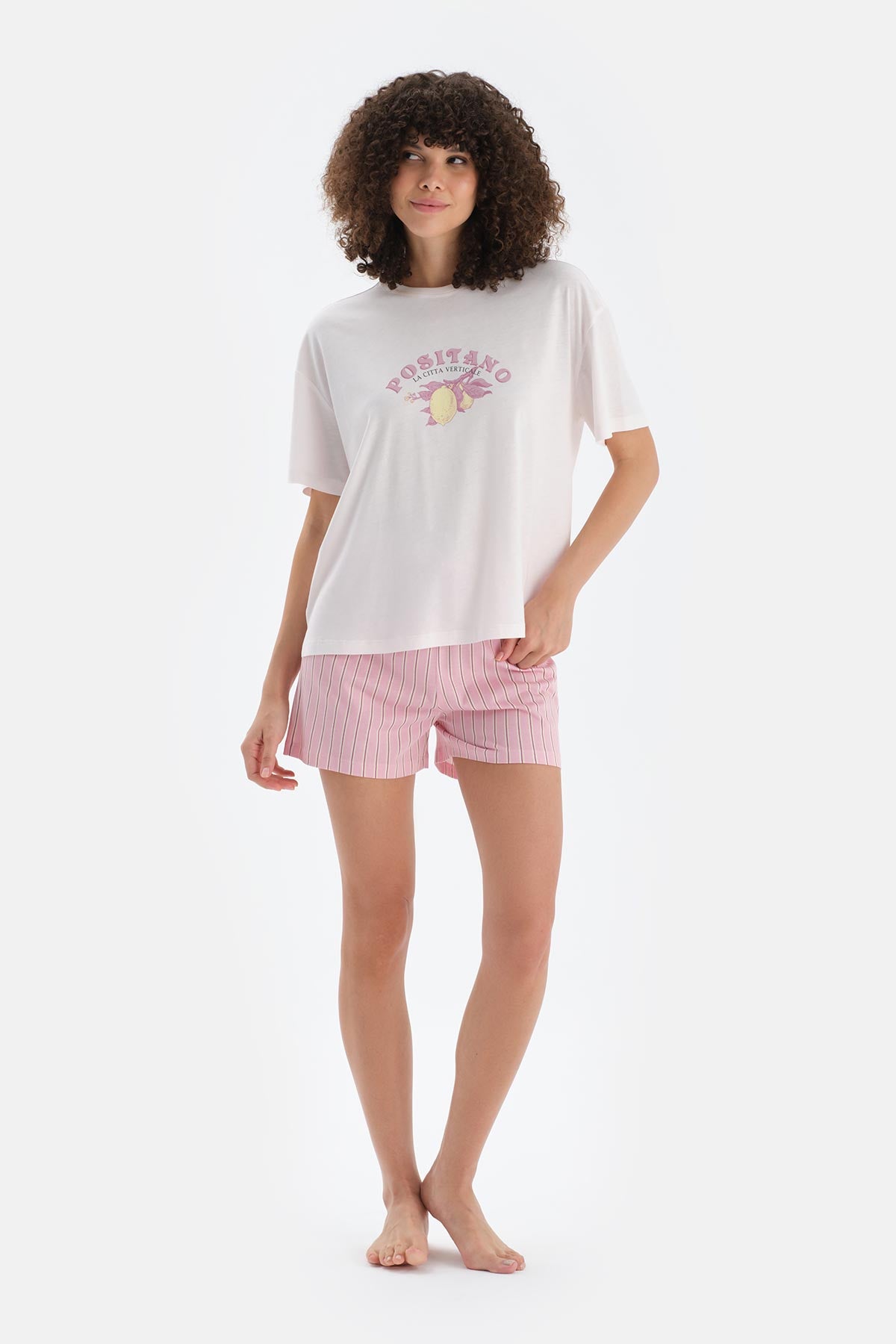 Açık Pembe Baskı Detaylı Kısa Kollu Tişört Şort Pijama Takımı