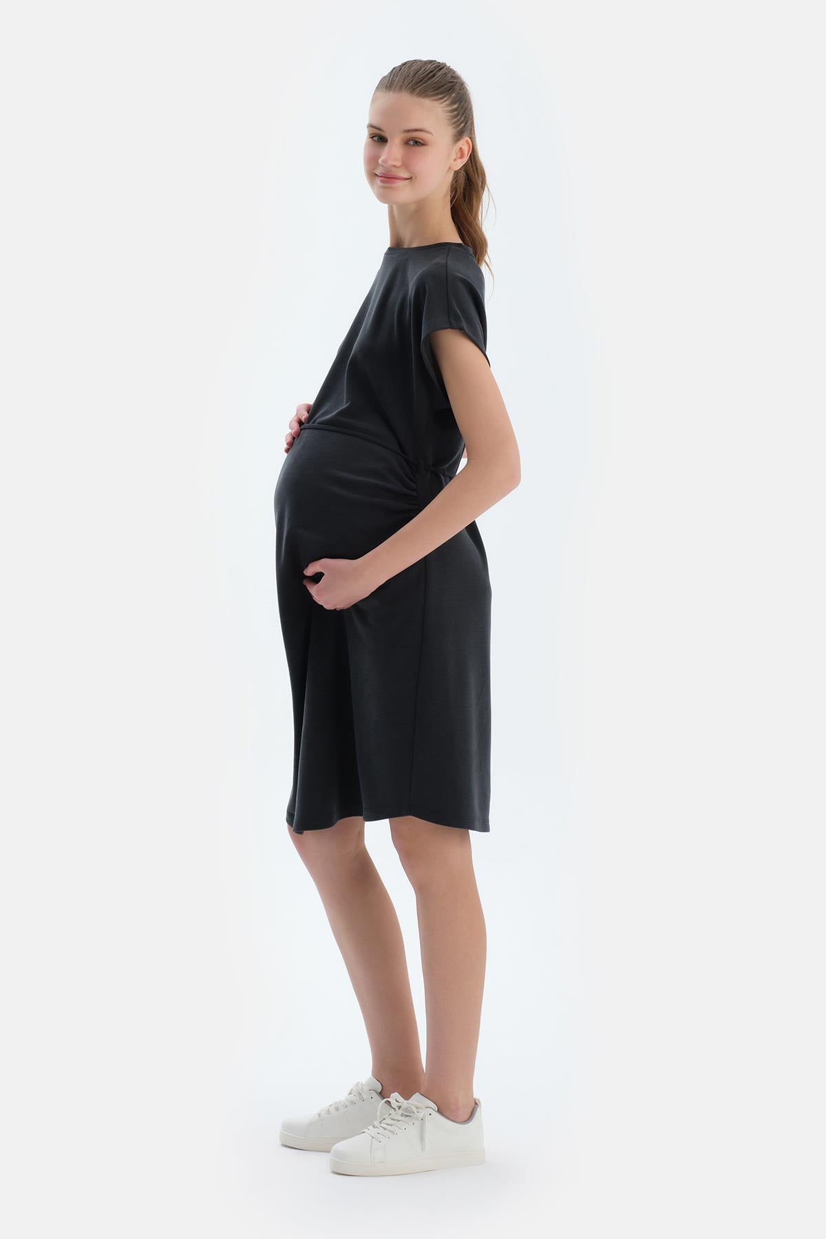 Siyah Düşük Omuzlu Modal Hamile Elbise