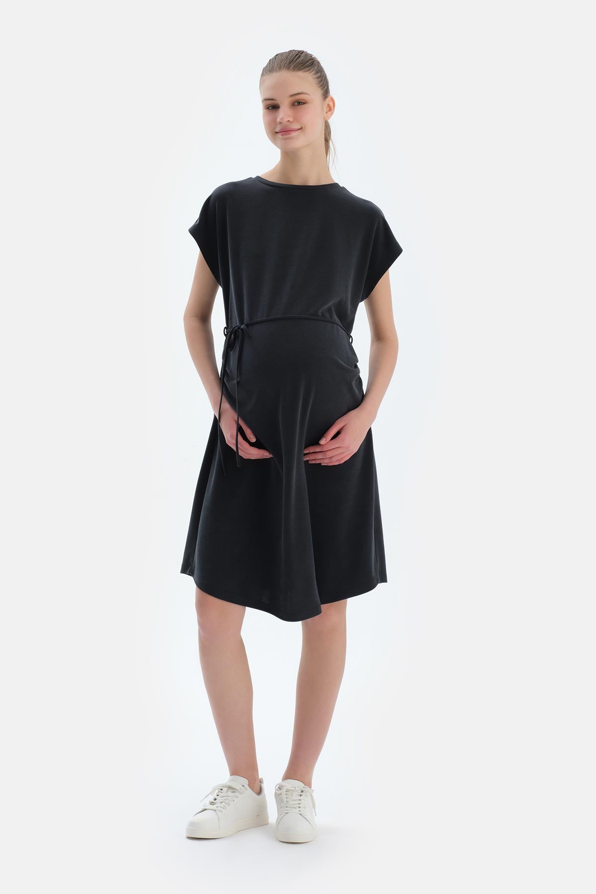 Siyah Düşük Omuzlu Modal Hamile Elbise