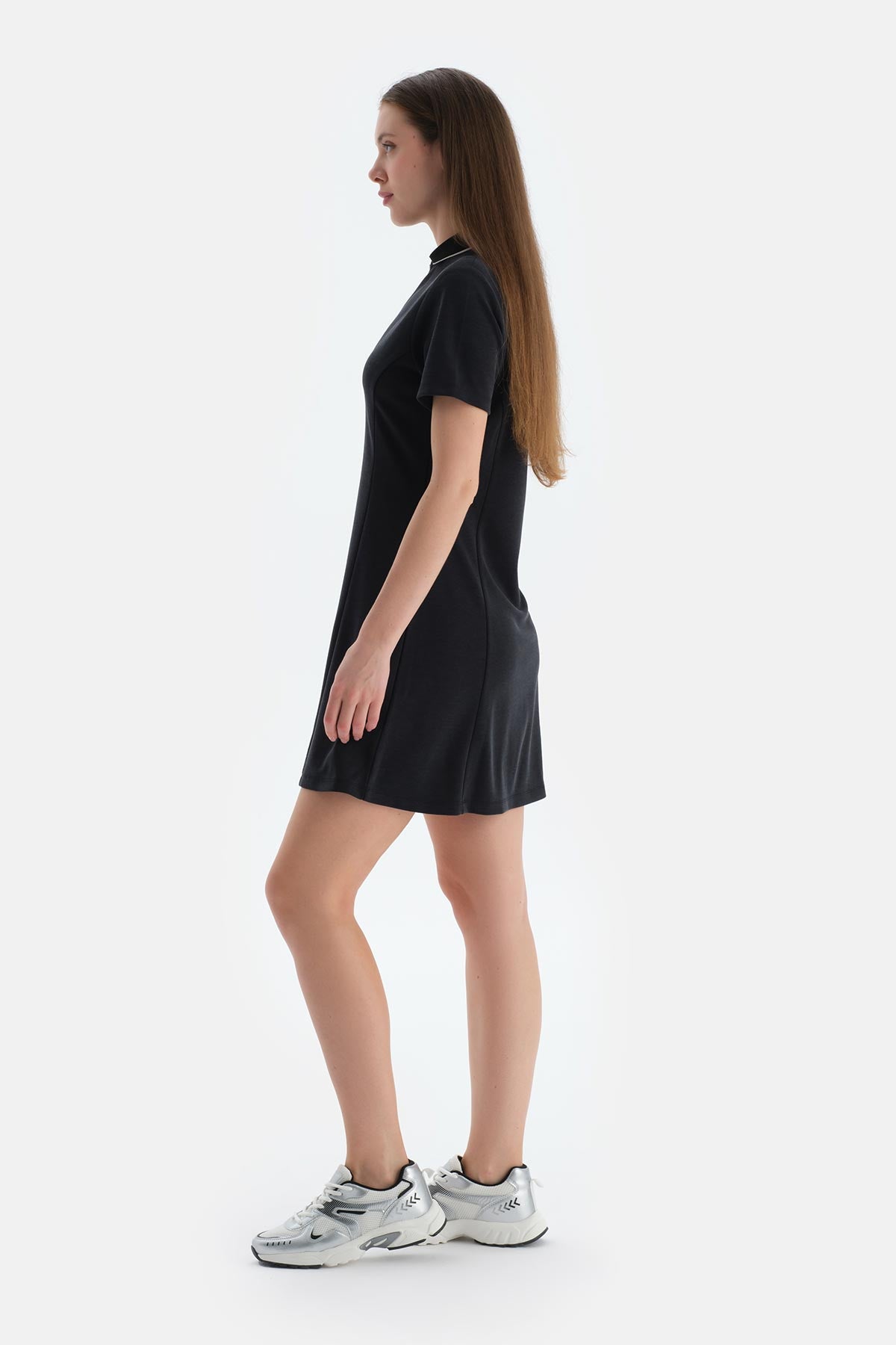 Siyah Kadın Modal Karışımlı Kısa Kollu Elbise