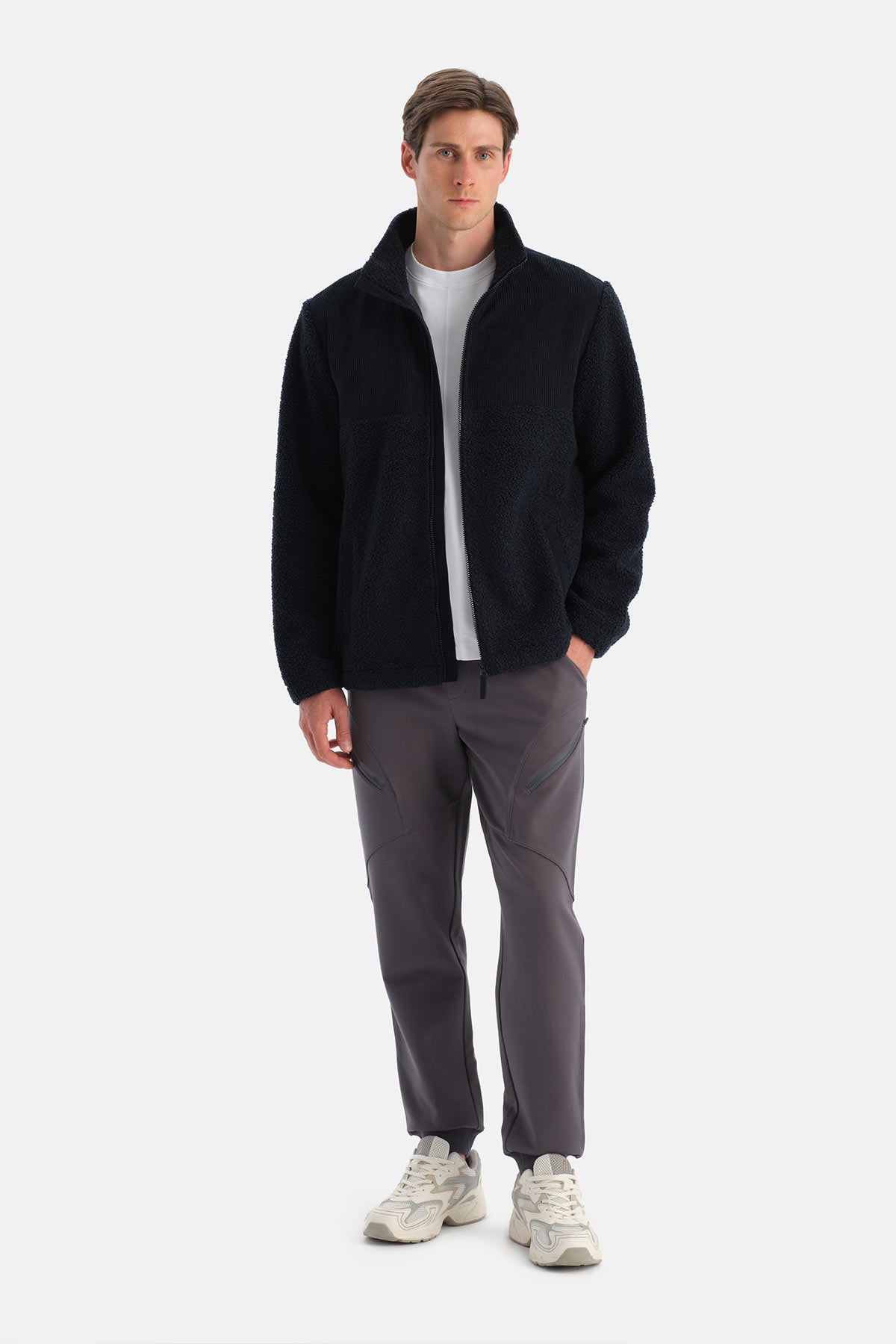 Lacivert Erkek Fermuarlı Kadife Detaylı Polar Mont