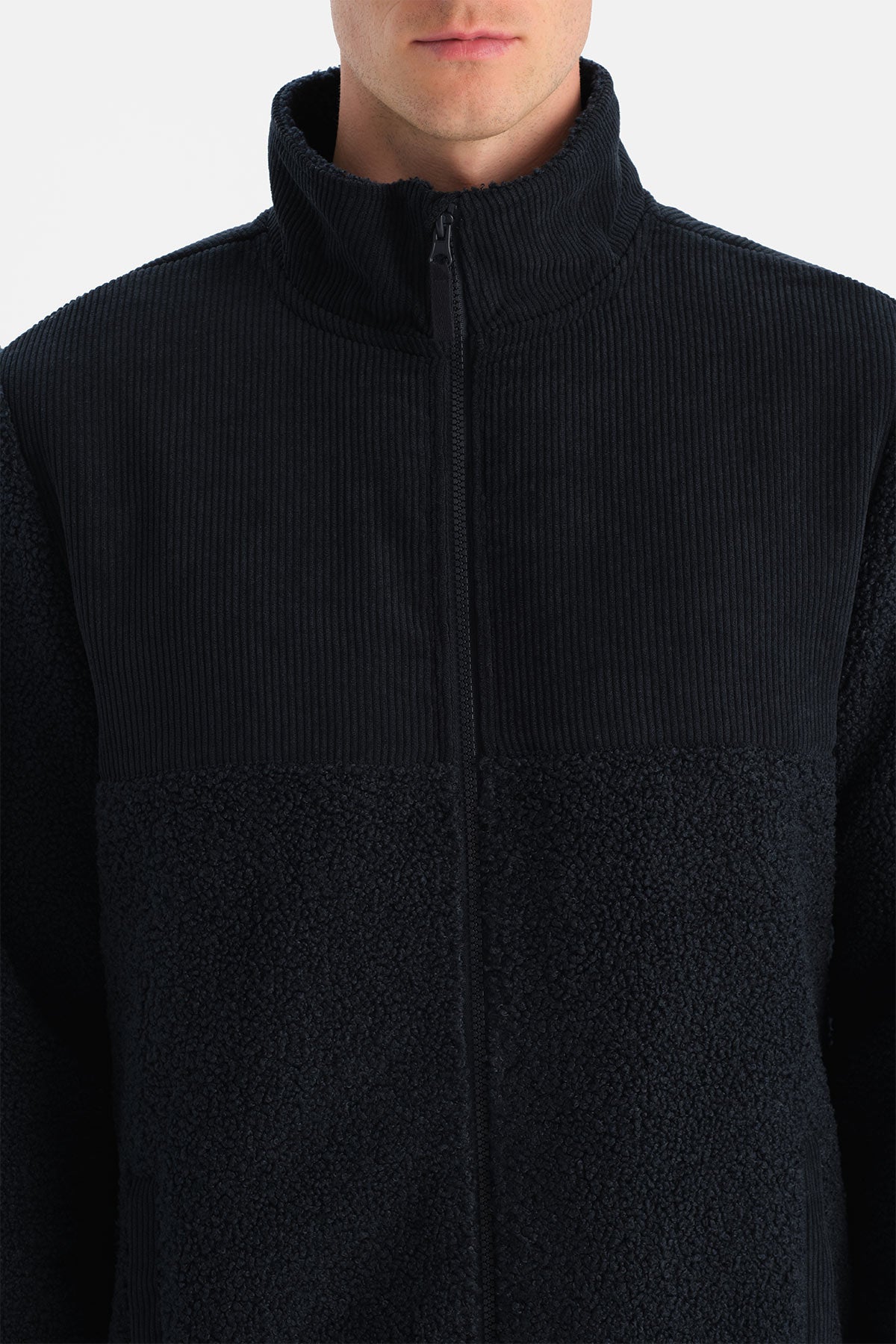 Lacivert Erkek Fermuarlı Kadife Detaylı Polar Mont