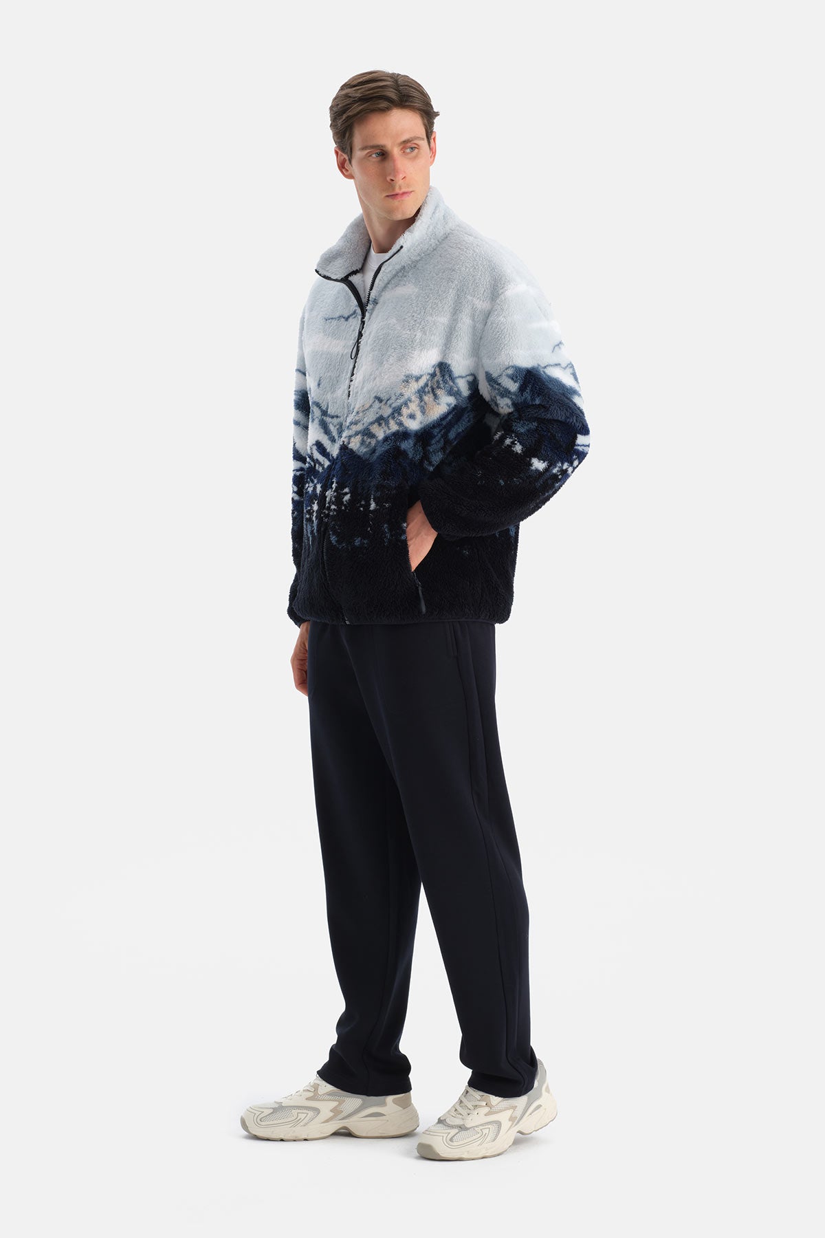 Multicolor Erkek Dağ Baskılı Polar Sweatshirt