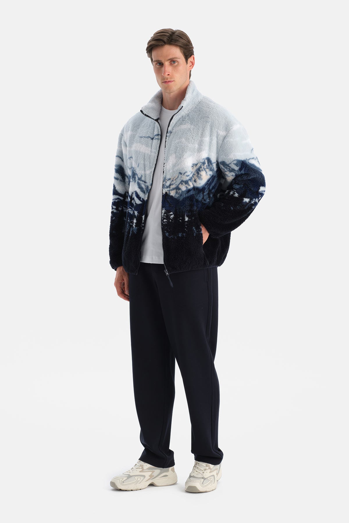 Multicolor Erkek Dağ Baskılı Polar Sweatshirt