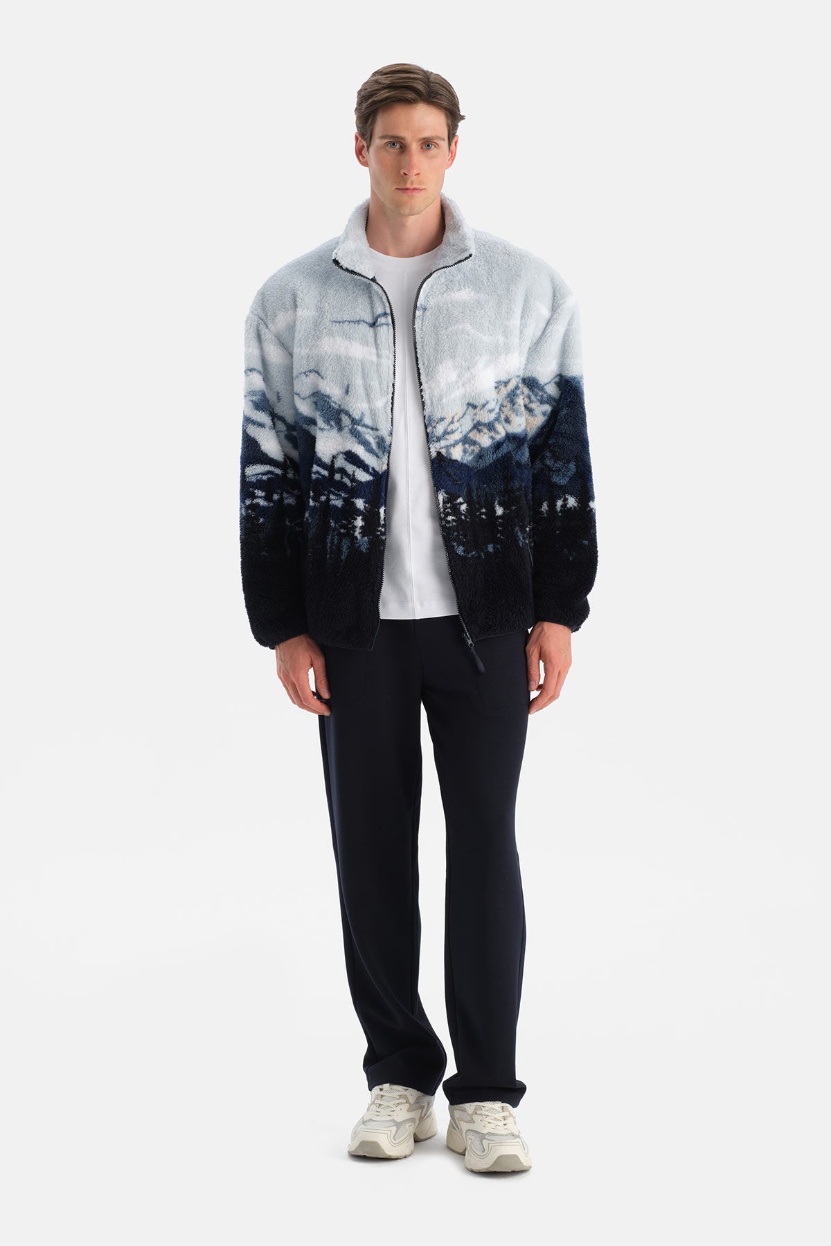 Multicolor Erkek Dağ Baskılı Polar Sweatshirt