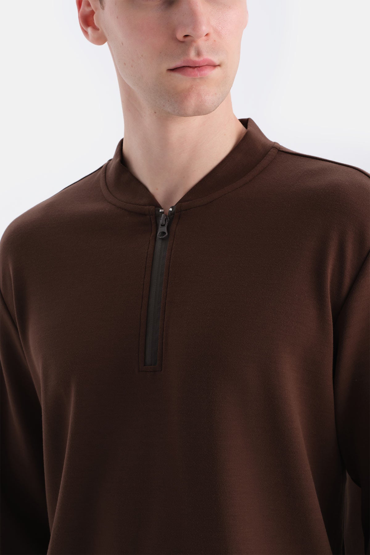 Koyu Kahve Scuba Yarım Fermuarlı Sweatshirt