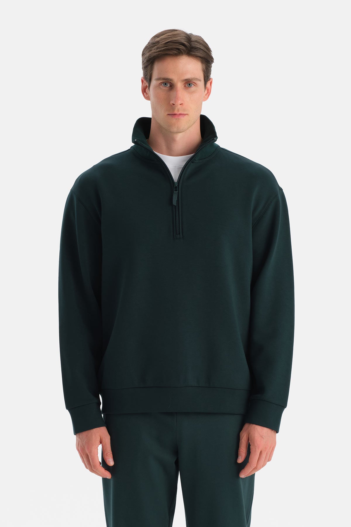 Koyu Yeşil Erkek Yarım Fermuarlı Sweatshirt