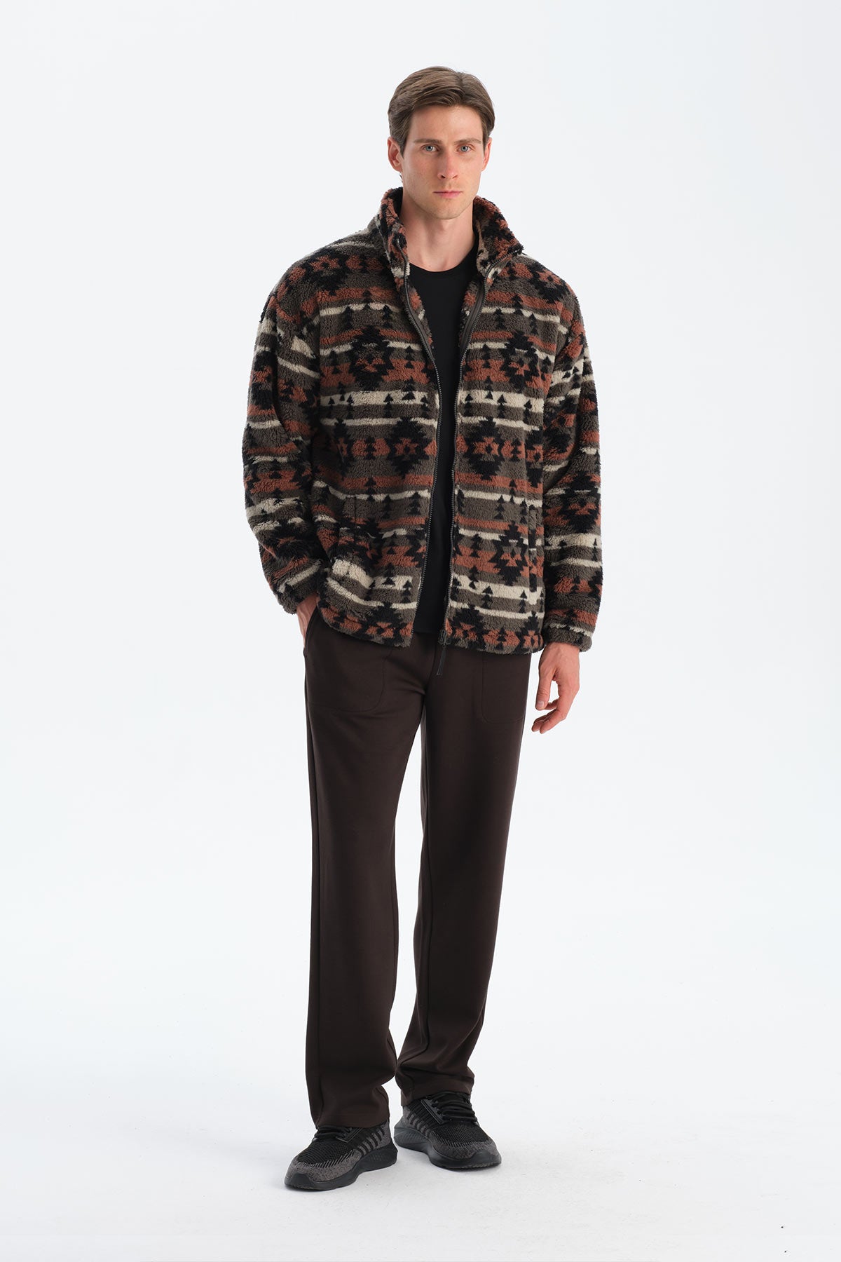Multicolor Erkek Etnik Desen Baskılı Polar Sweatshirt