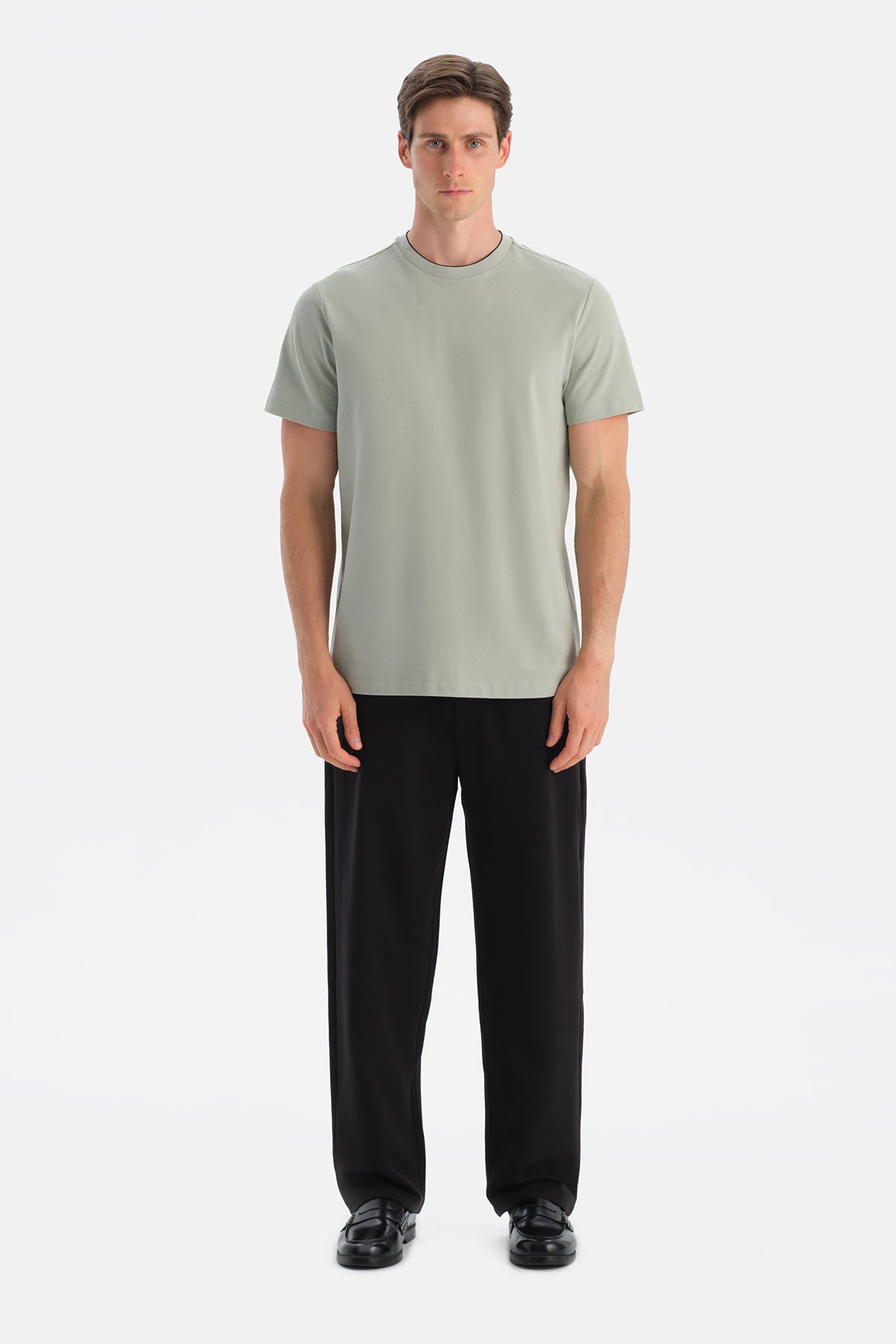 Mint Yeşili Yakası Biyeli Kısa Kollu Regular Tişört