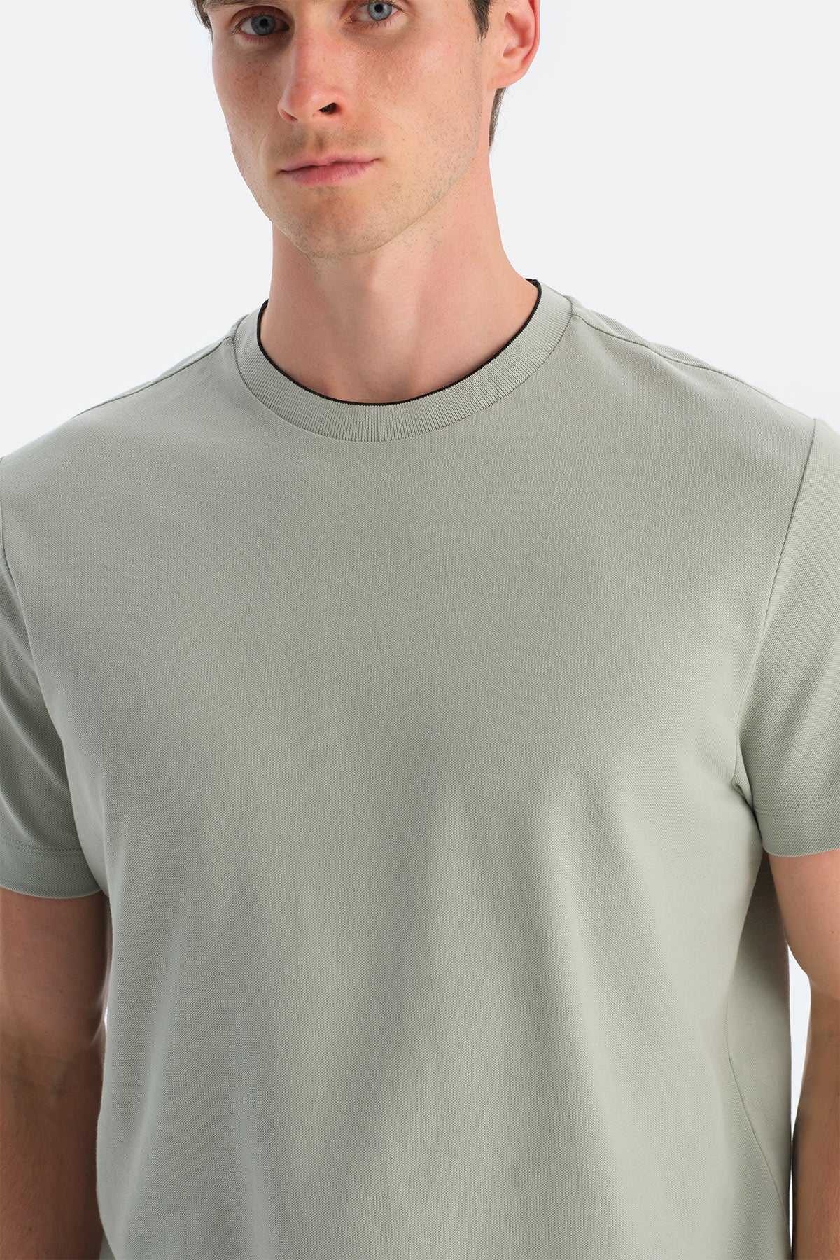 Mint Yeşili Yakası Biyeli Kısa Kollu Regular Tişört