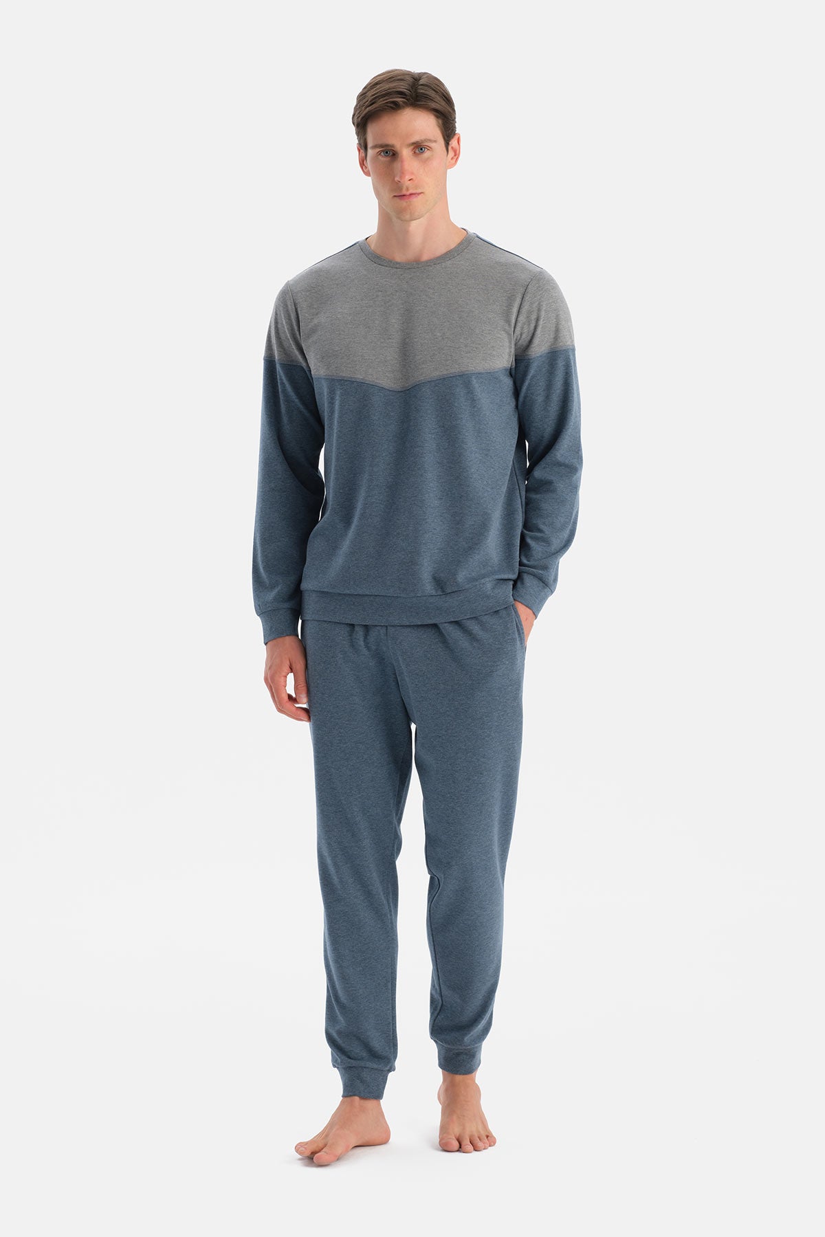 Indigo Melanj Parça Detaylı Uzun Kollu Pijama Takım