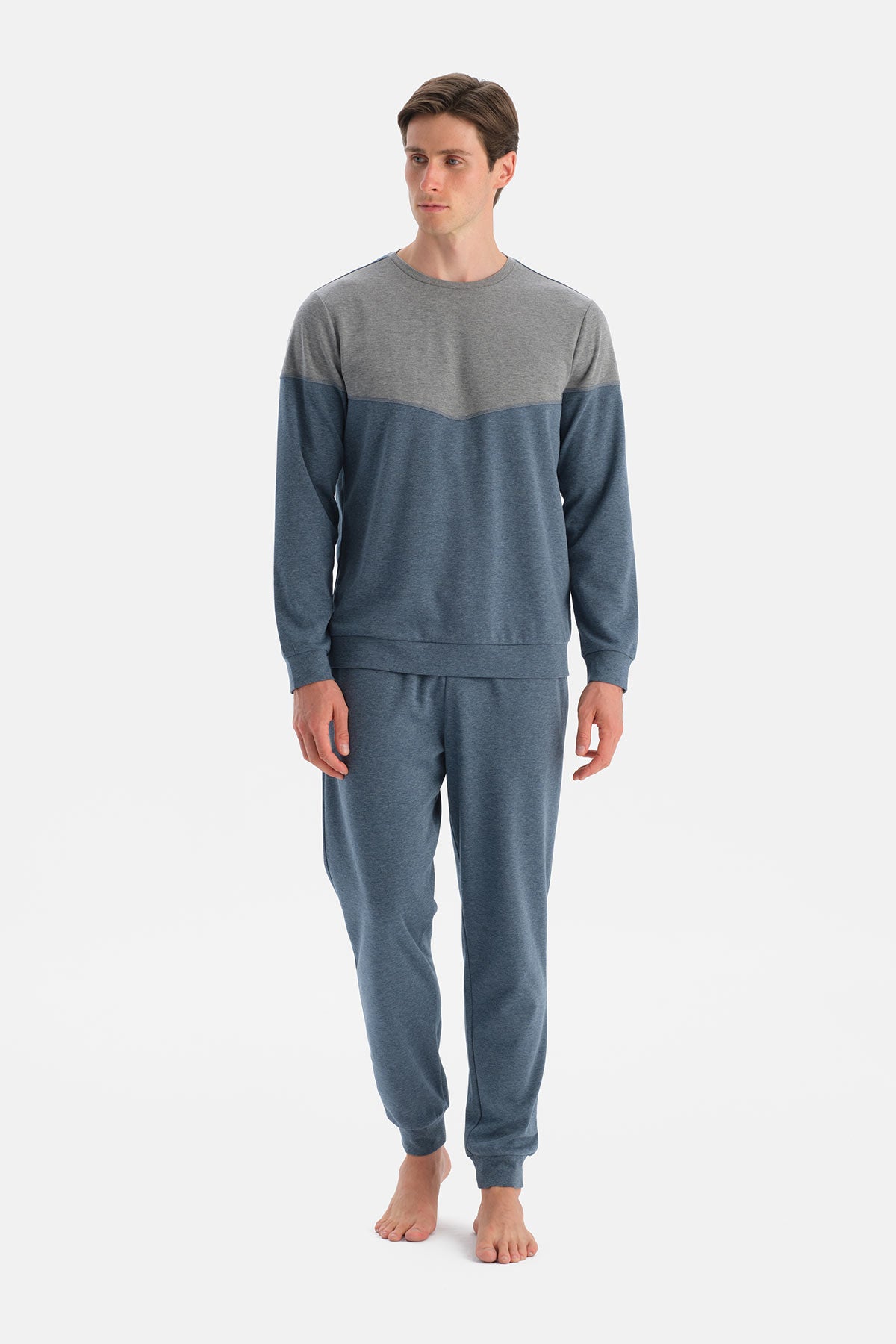 Indigo Melanj Parça Detaylı Uzun Kollu Pijama Takım