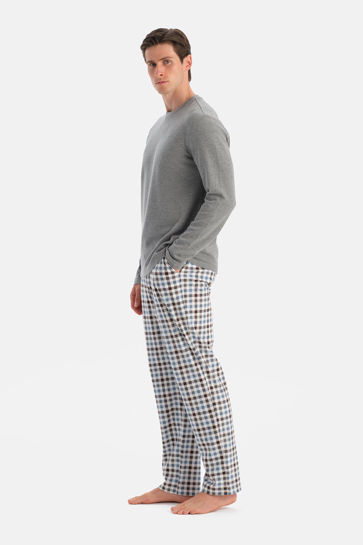 Gri Melanj Dikiş Detaylı Waffle Tişört Pantolon Pijama Takımı