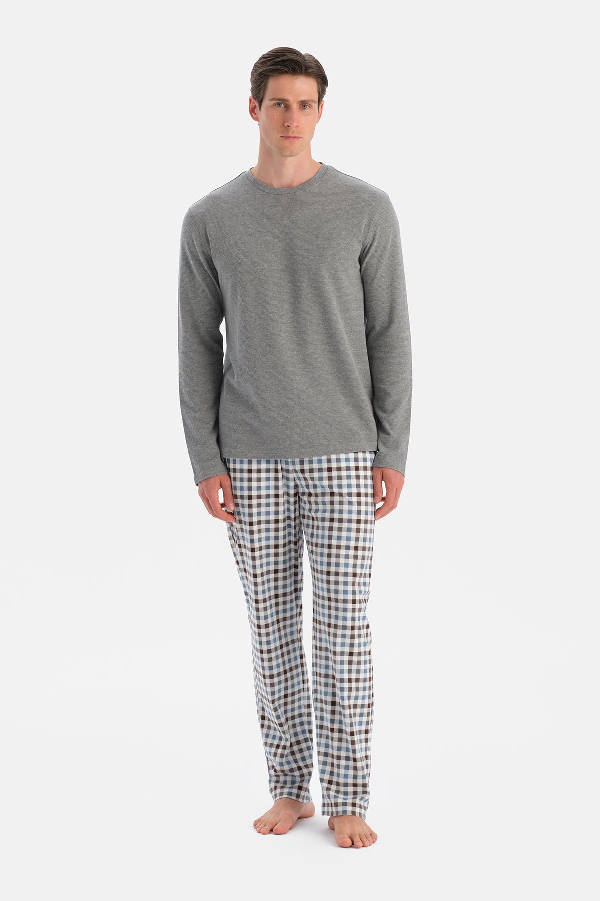 Gri Melanj Dikiş Detaylı Waffle Tişört Pantolon Pijama Takımı