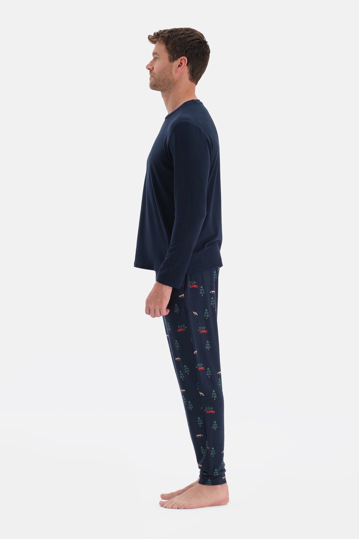 Lacivert Dikiş Detaylı Uzun Kollu Termal Tişört Pantolon Pijama Takımı
