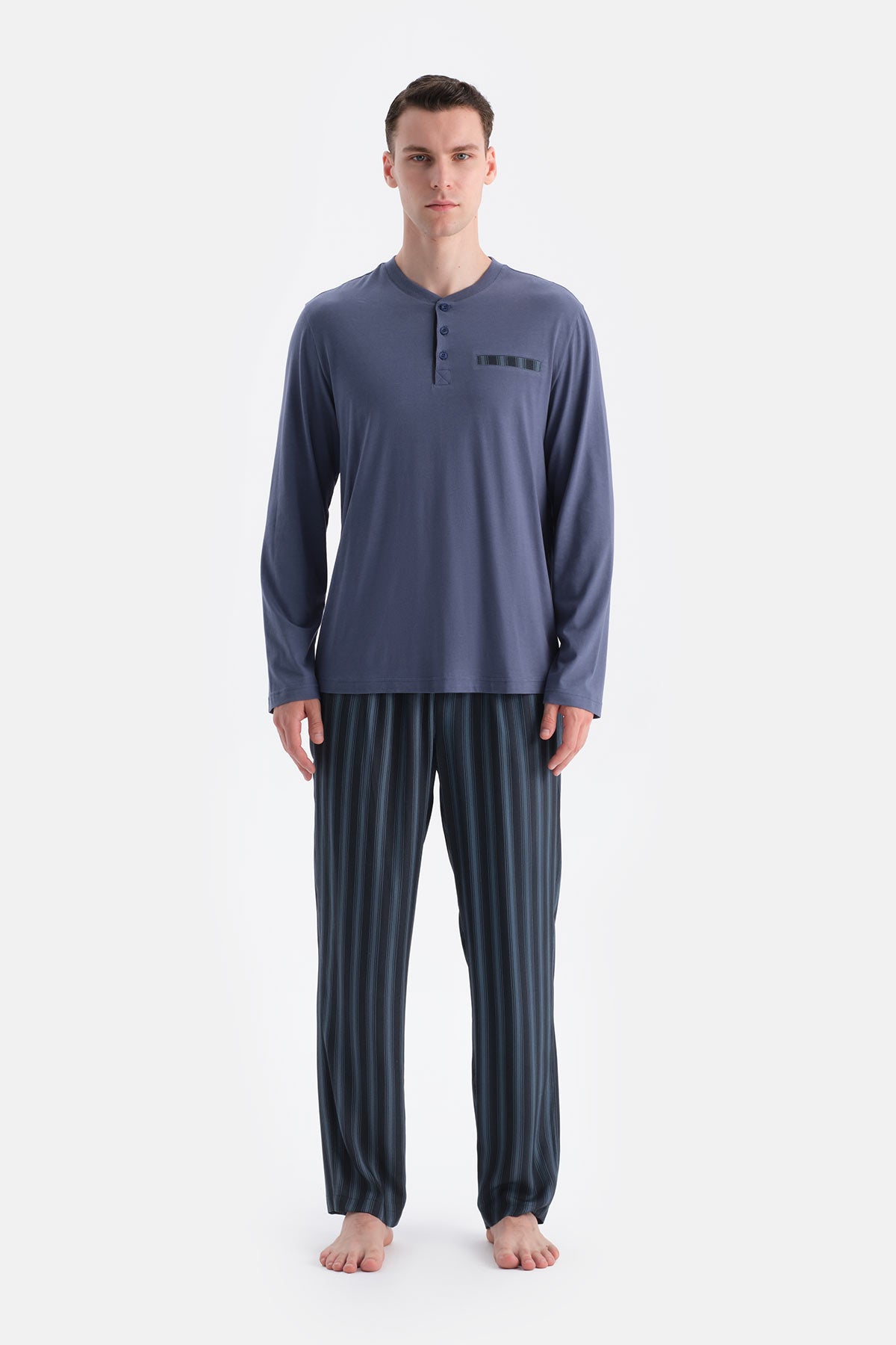 Indigo Patlı Cep Detaylı Tişört Pantolon Takım