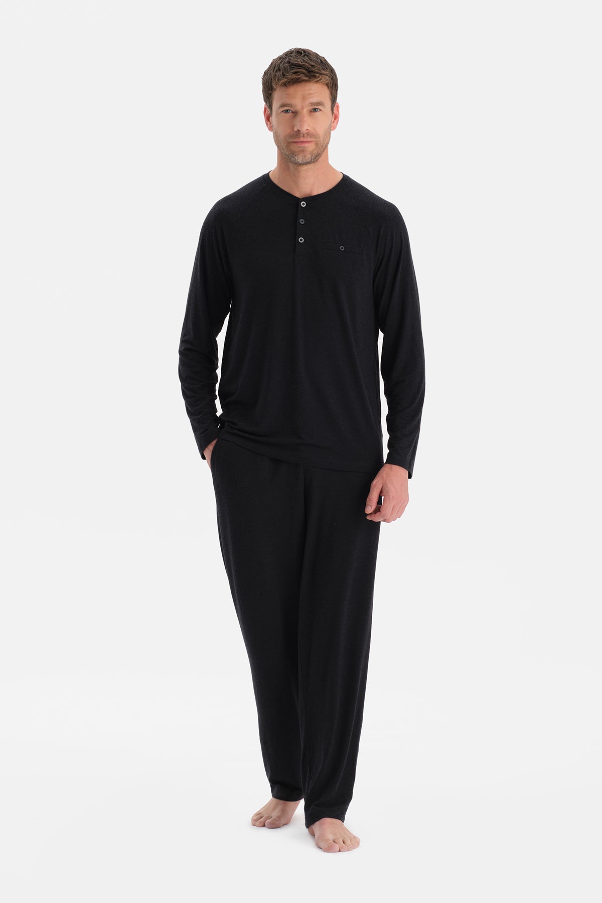 Antrasit Melanj Uzun Kollu Pat Ve Cep Detaylı Pijama Takım