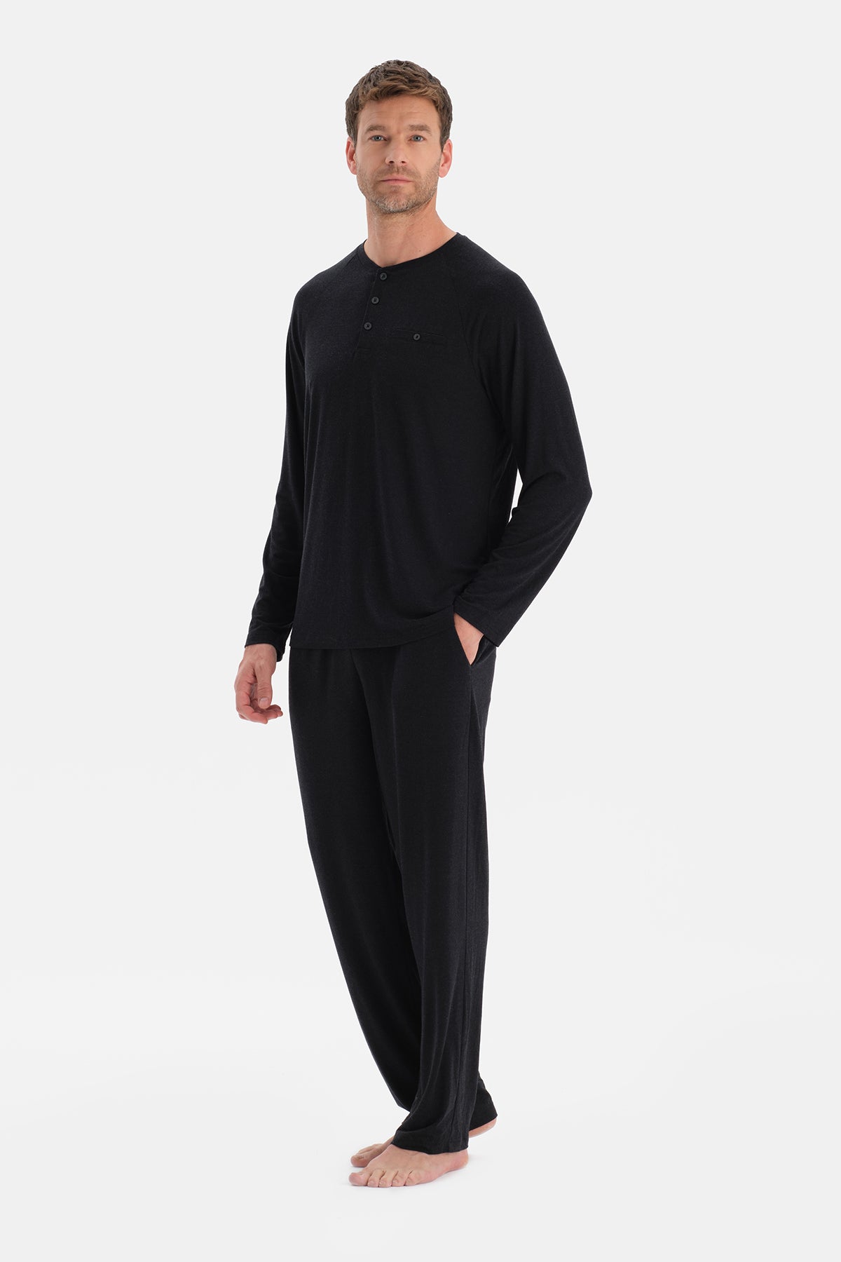 Antrasit Melanj Uzun Kollu Pat Ve Cep Detaylı Pijama Takım